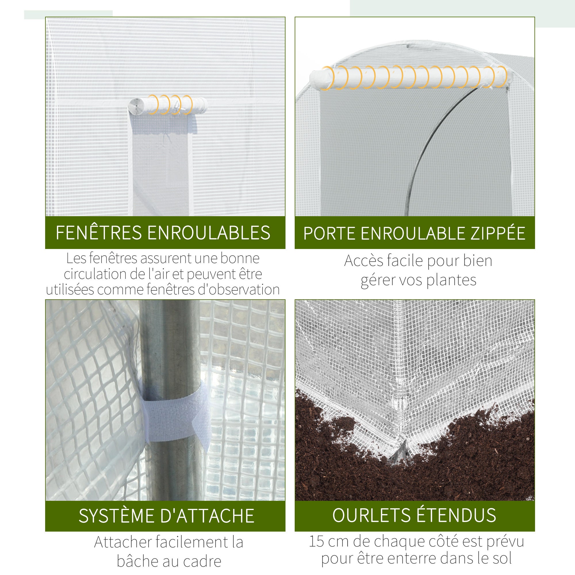 Serre de Jardin Tunnel Surface Sol 9 m² 4,45L x 2l x 2H m châssis Tubulaire renforcé 18 mm 6 fenêtres Blanc - 6
