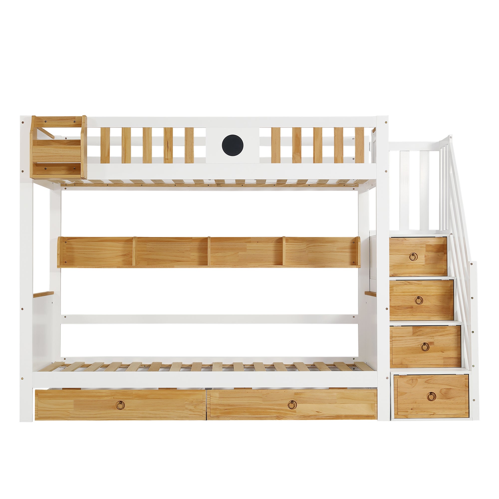 Lit superposé avec escalier de rangement - 90x200cm - 4 casiers dans l'escalier et 2 tiroirs sous le lit - avec sommier lattes - Blanc - 4
