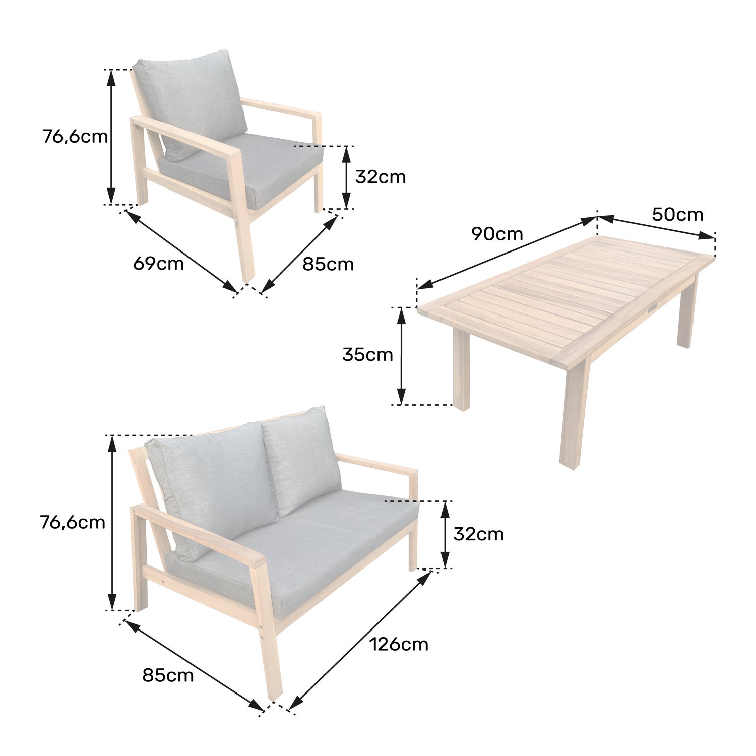 Akacjowy 4-osobowy zestaw mebli ogrodowych GILI - piaskowe poduszki - 6