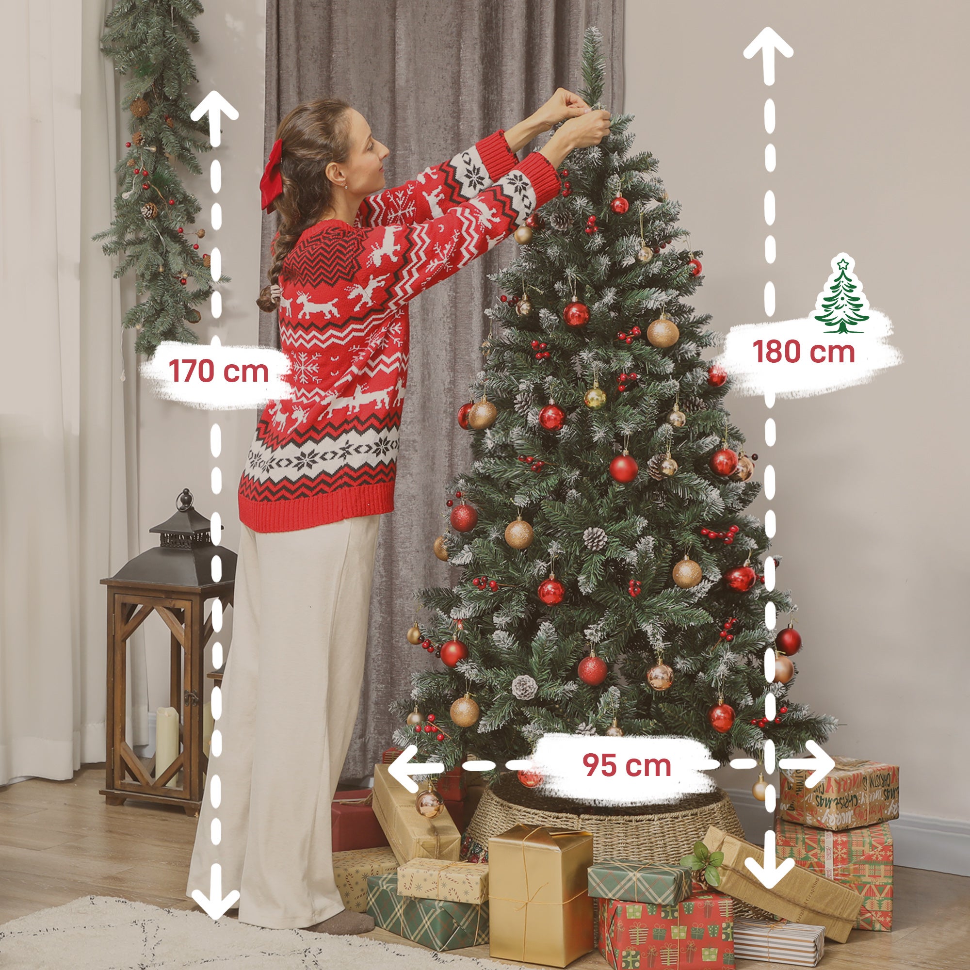 HOMCOM Albero di Natale Alto 180 cm da Interno con 620 Rami, Pigne e Bacche Rosse, Base in Metallo, Verde - 3