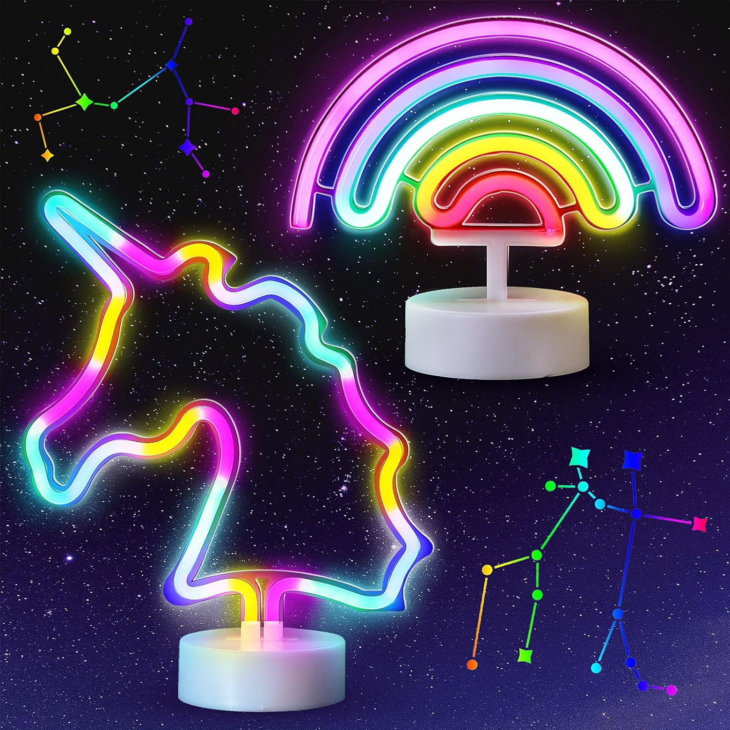 Zestaw 2 neonowych paneli tęczowych, zestaw paneli świetlnych jednorożca, zasilany baterią lub USB, do pokoju, na urodziny, wesele, Boże Narodzenie