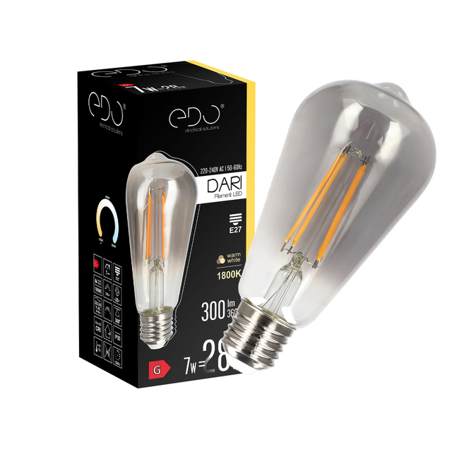 Ampoule décorative Dari LED Filament 7W E27 1800K 300lm 230V FUMÉE ST64 EDO777623 EDO Solutions