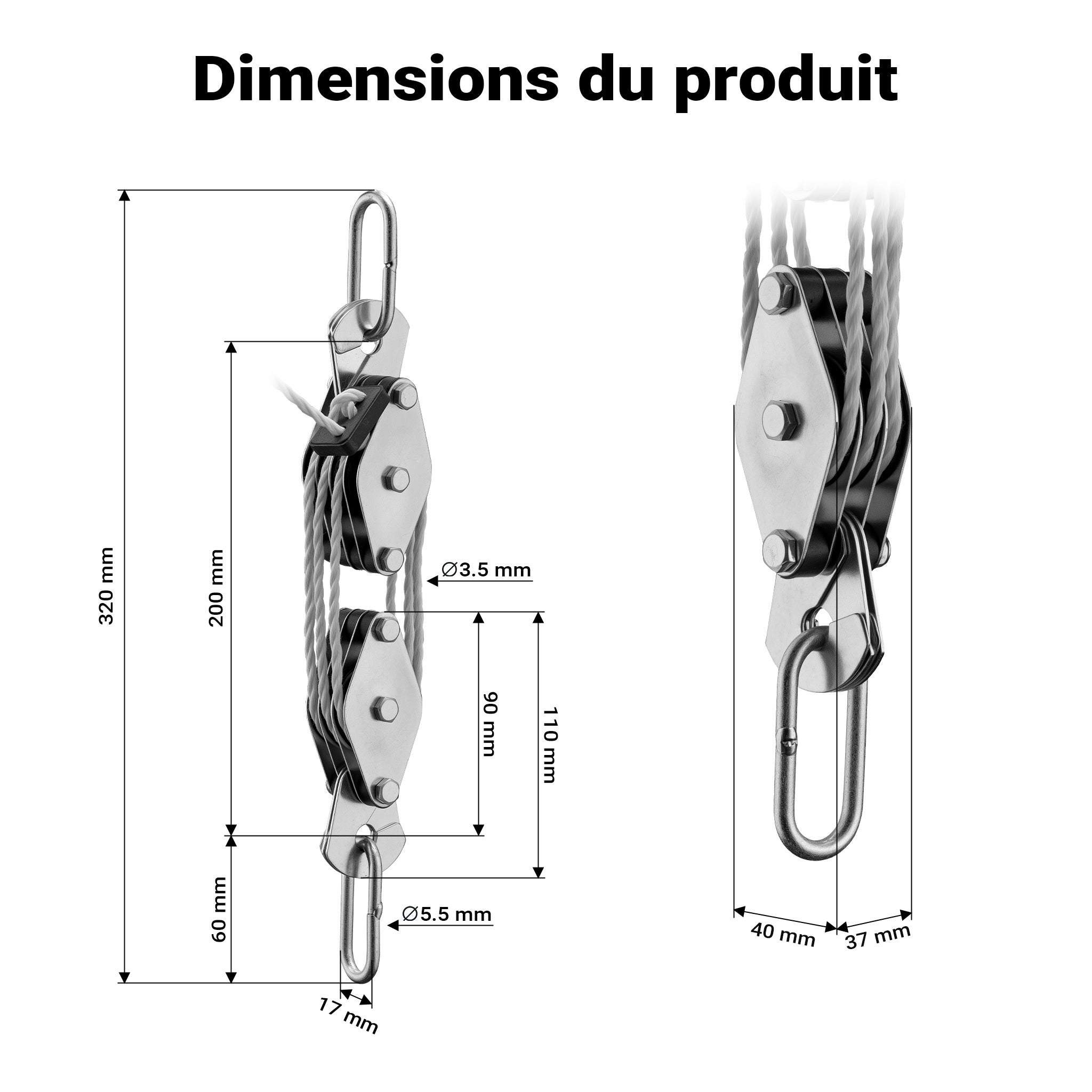 Palan manuel - Charge max. 180 kg - avec Câble Bowden universel de 20 m - Hauteur de levage max. 3 m - Treuil avec Poulie de XPOtool - 3