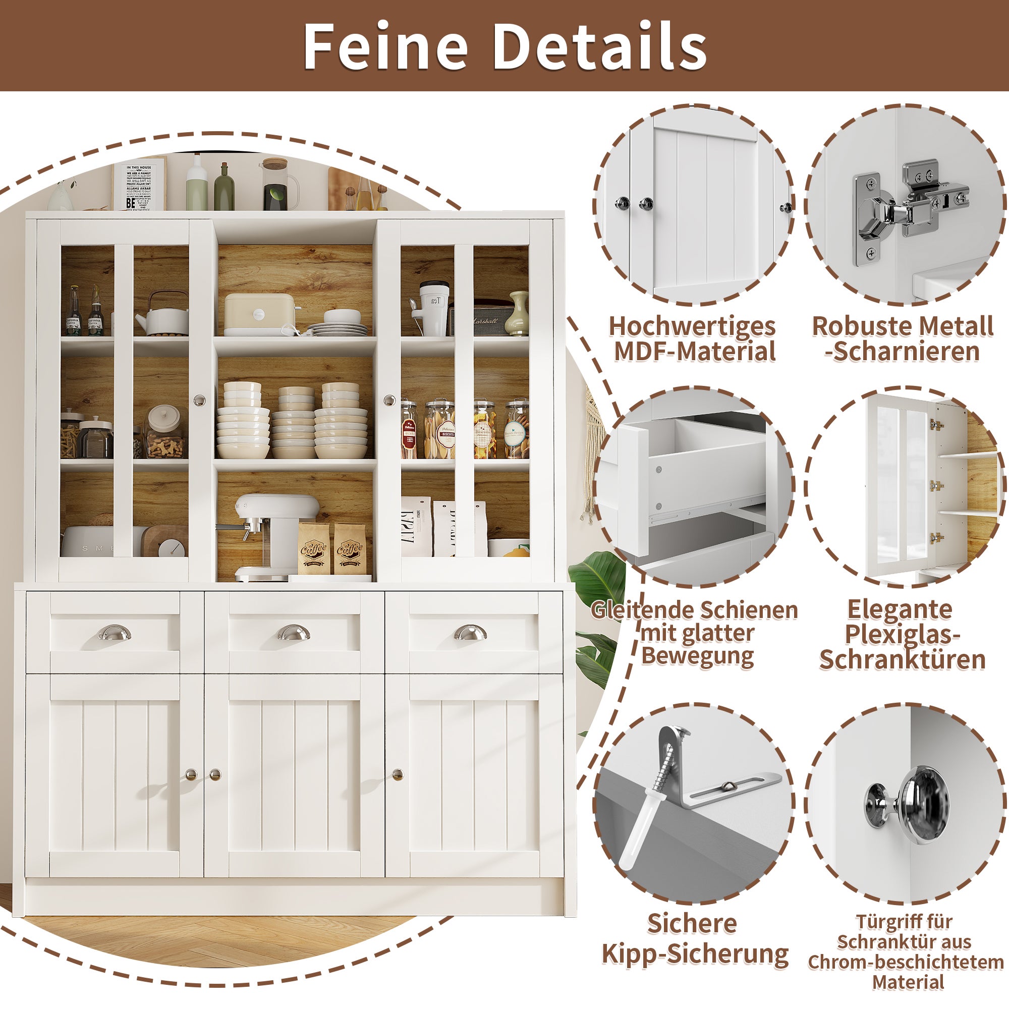 Credenza da cucina con 5 ante, 3 cassetti e ripiani portaoggetti, vetrina - 140 x 38,5 x 175 cm - MDF - Bianco + naturale - 6