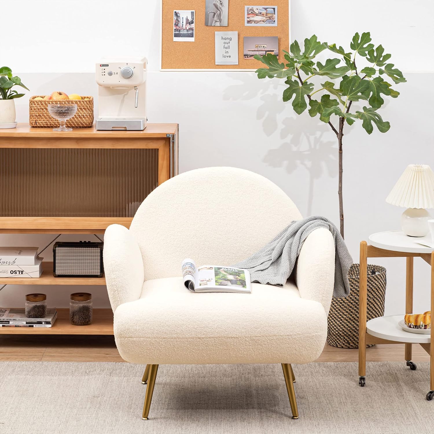 Fauteuil Moderne Décontracté avec Pieds en Métal Doré, Fauteuil Simple avec Dossier Confort pour Salon/Chambre à Coucher/Club, Blanc - 6