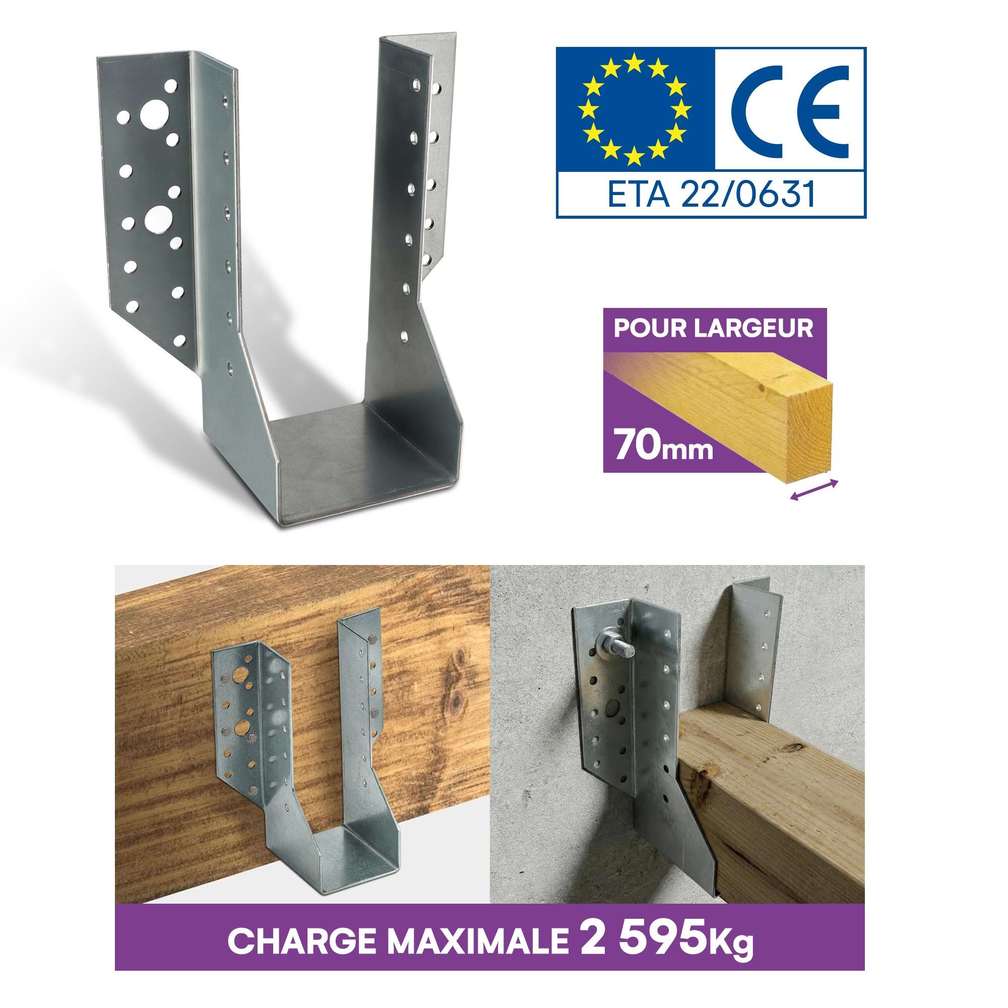 10 Sabots de charpente à ailes extérieures Connecteurs de poutres - Acier galvanisé - Larg 70 x Ht 157 mm - Fabriqué en Europe - 3
