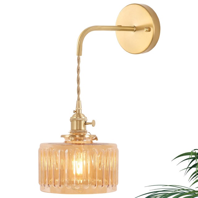 Applique da parete con paralume in vetro ambrato, luci da parete sospese in ottone con interruttore, catena regolabile, lampadina E27 non inclusa