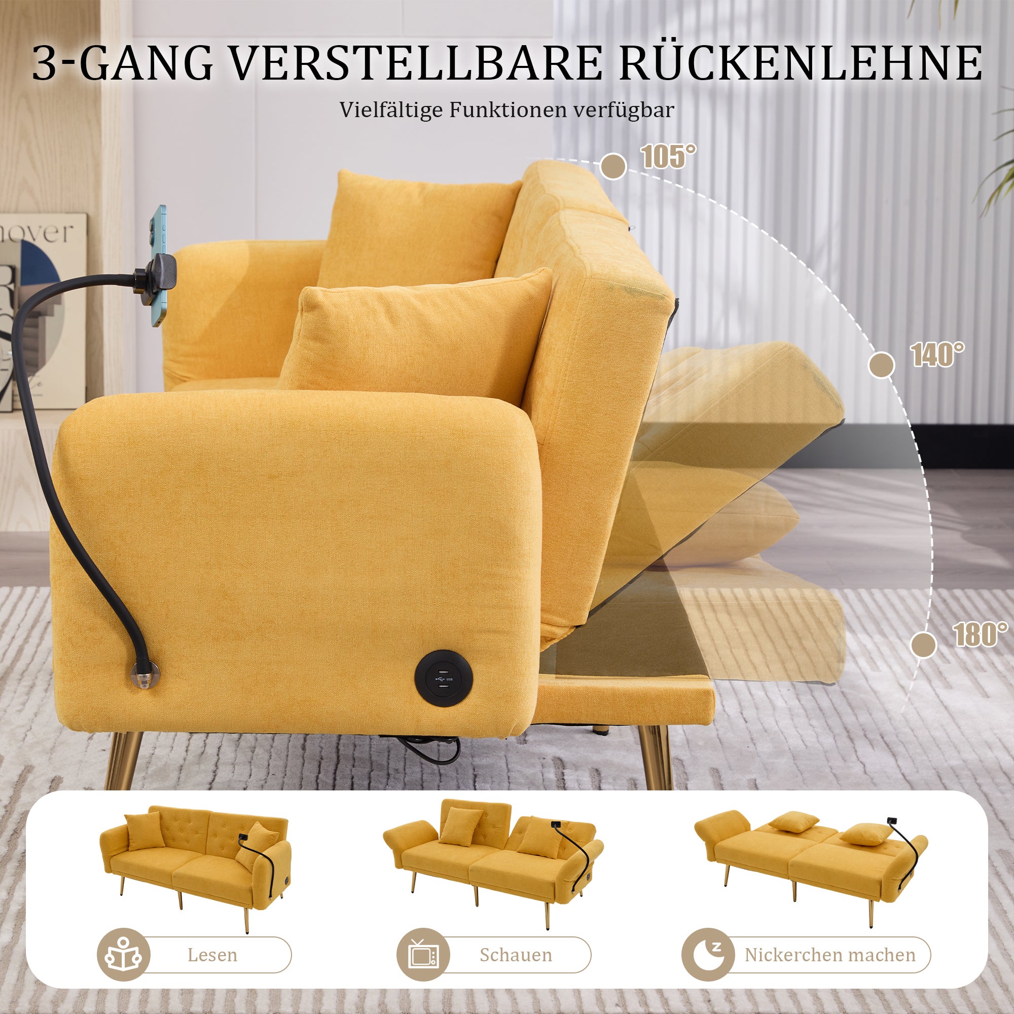 Canapé convertible - Dossier réglable et ports USB - 2 places - Chenille - Jaune (173x78x78cm) - 3