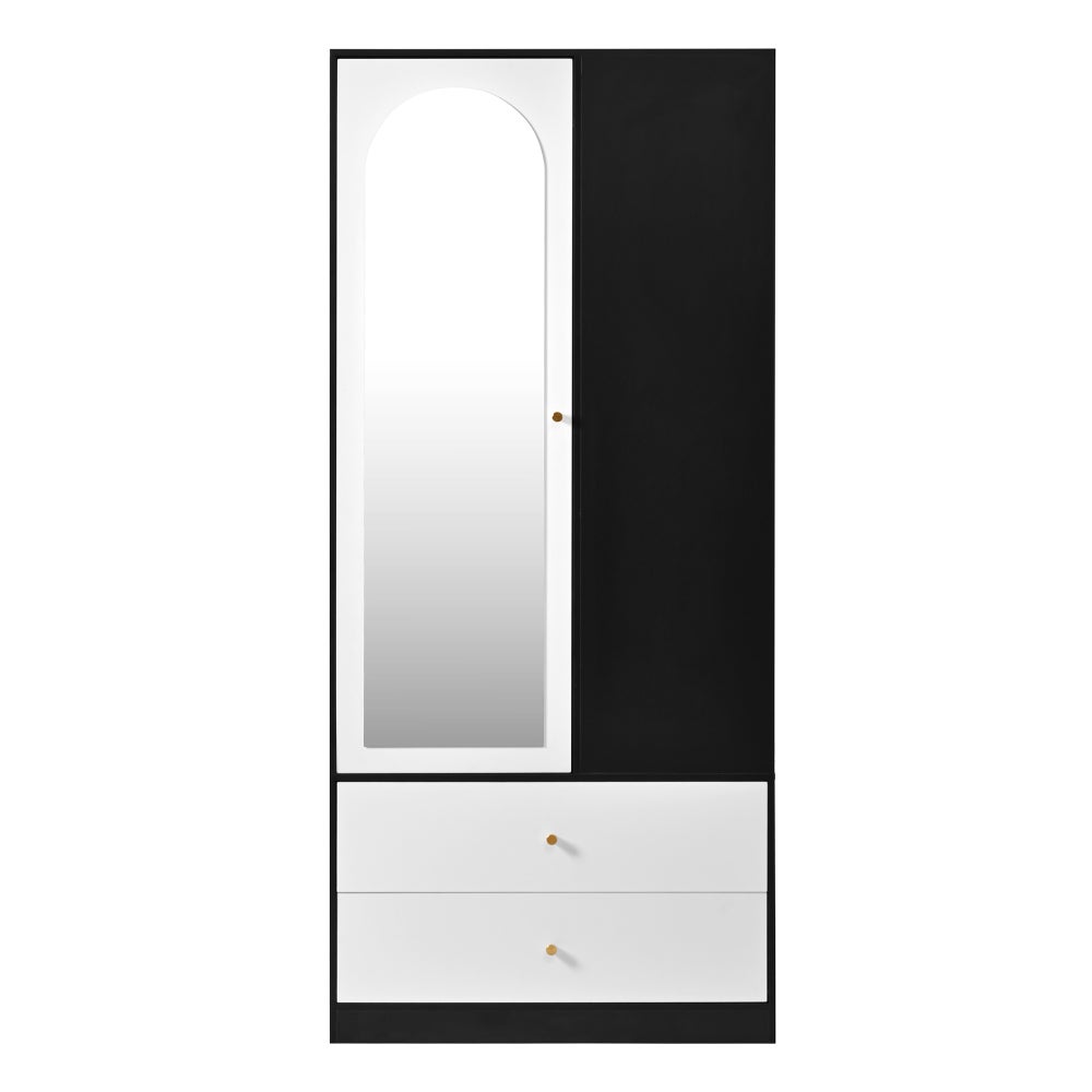 Armoire avec miroir et 1 porte, garde-robe moderne avec 2 tiroirs et 4 étagères, idéale pour rangement dans la chambre, blanc et noir, 80x40x180 cm - 8