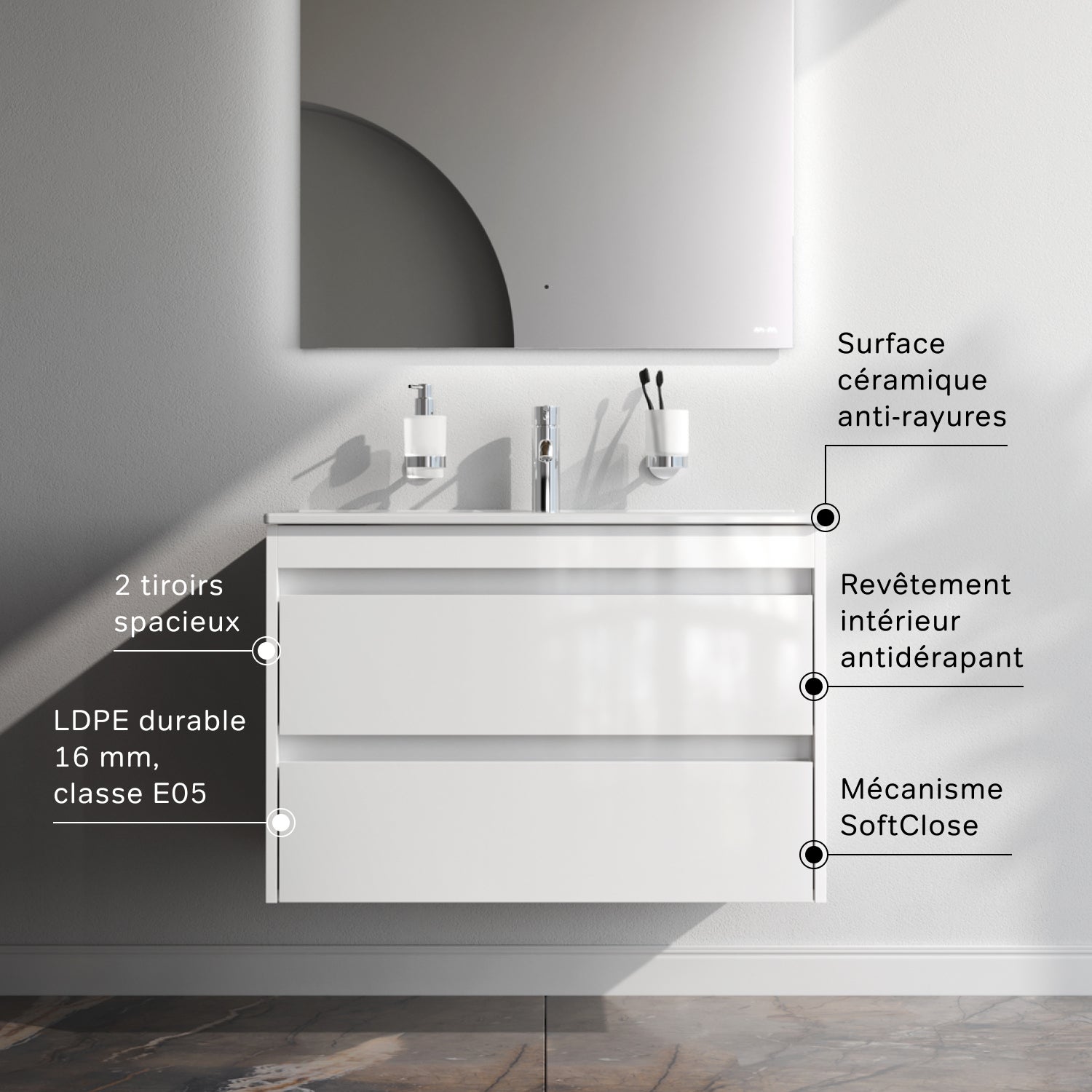 Meuble salle de bains suspendu 80 cm effet bois clair avec lavabo intégré, 2 tiroirs, design, Blanc Brillant – AM.PM - 3