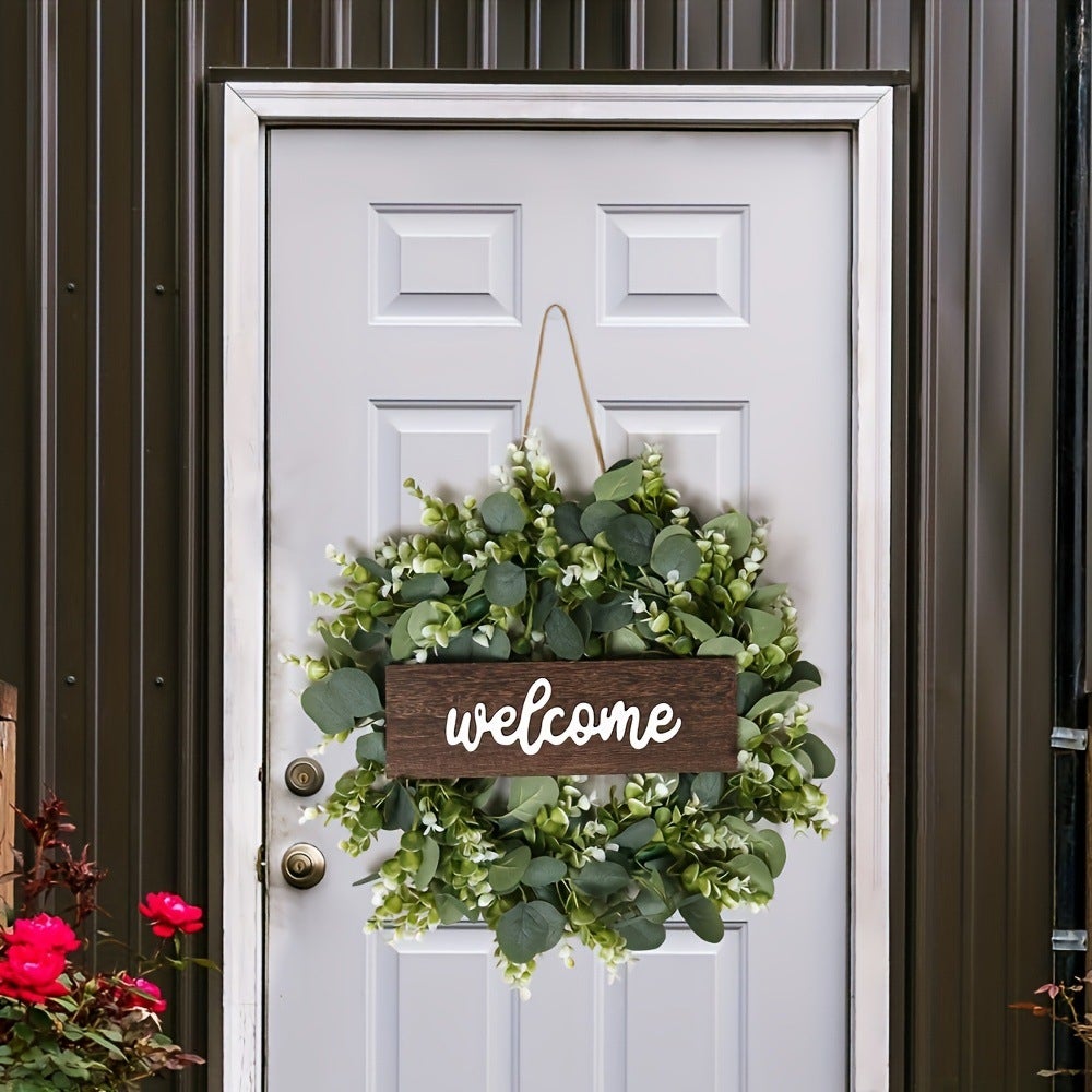 Couronne d'eucalyptus de bienvenue, couronne de fleurs artificielles en feuilles d'eucalyptus, porte d'entrée, fenêtre, décoration de jardin - 2