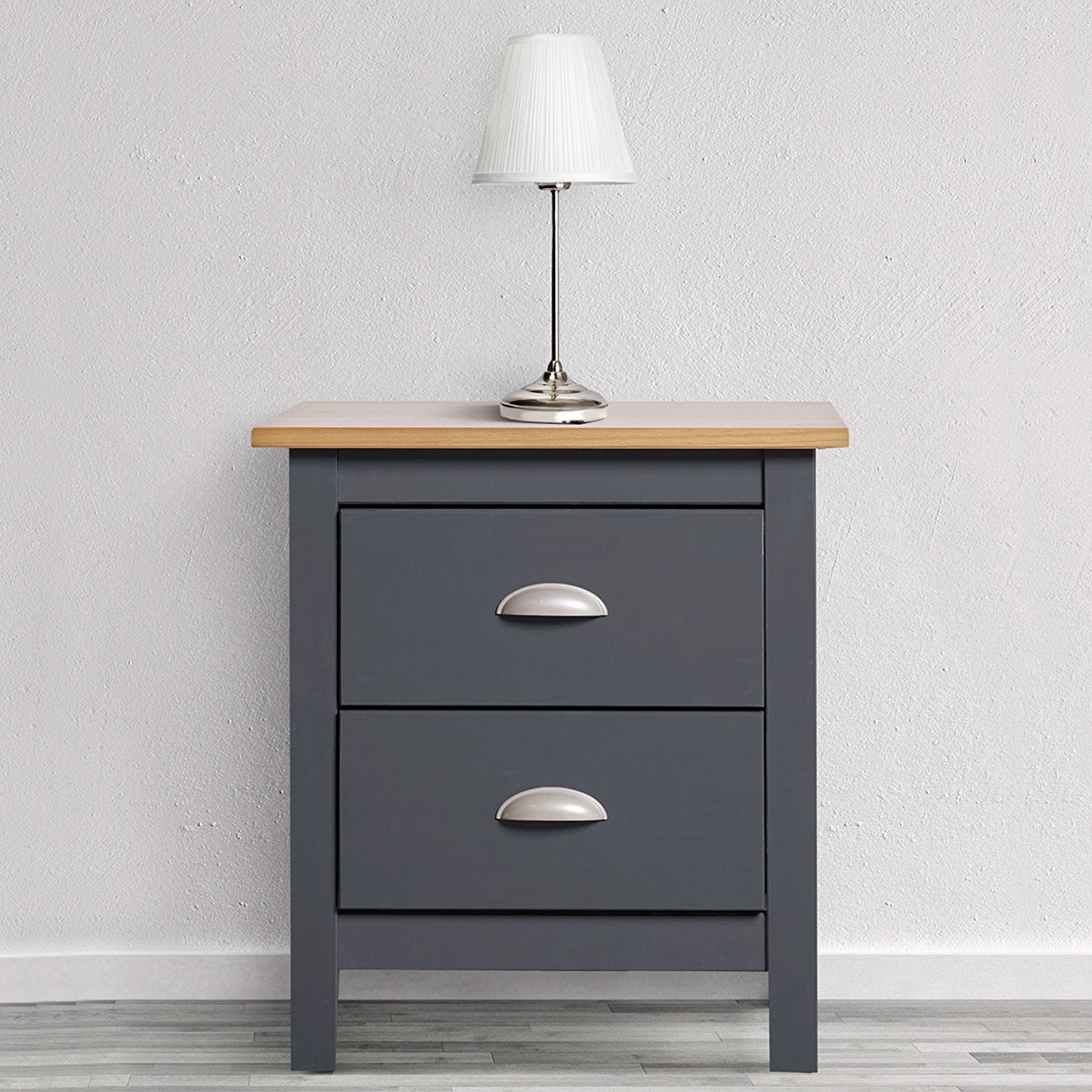 Table Chevet 2 tiroirs Jade Gris/Chêne, Fabriqué en Bois de pin Massif - 4