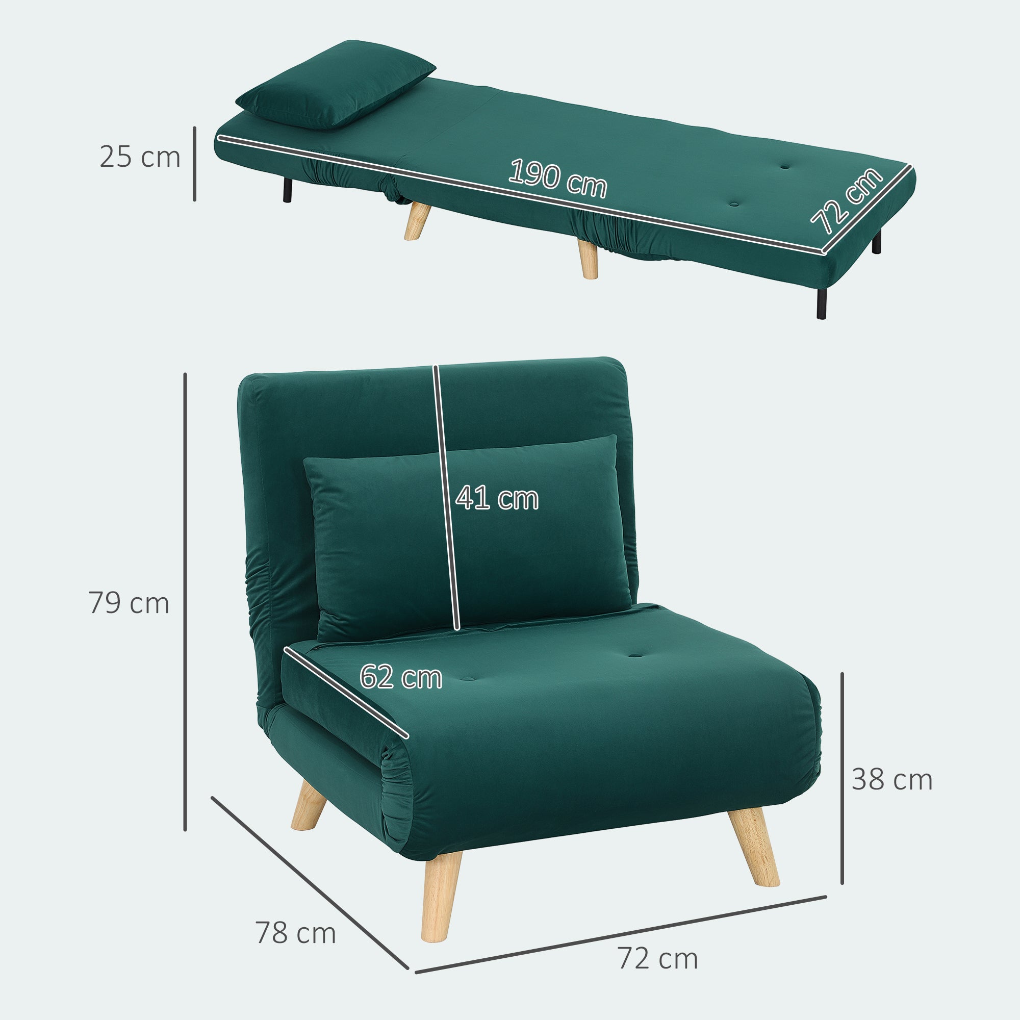 Fauteuil pliant convertible en lit, fauteuil lounge pliable en velours, dossier réglable, supporte jusqu'à 120 kg, vert foncé - 5