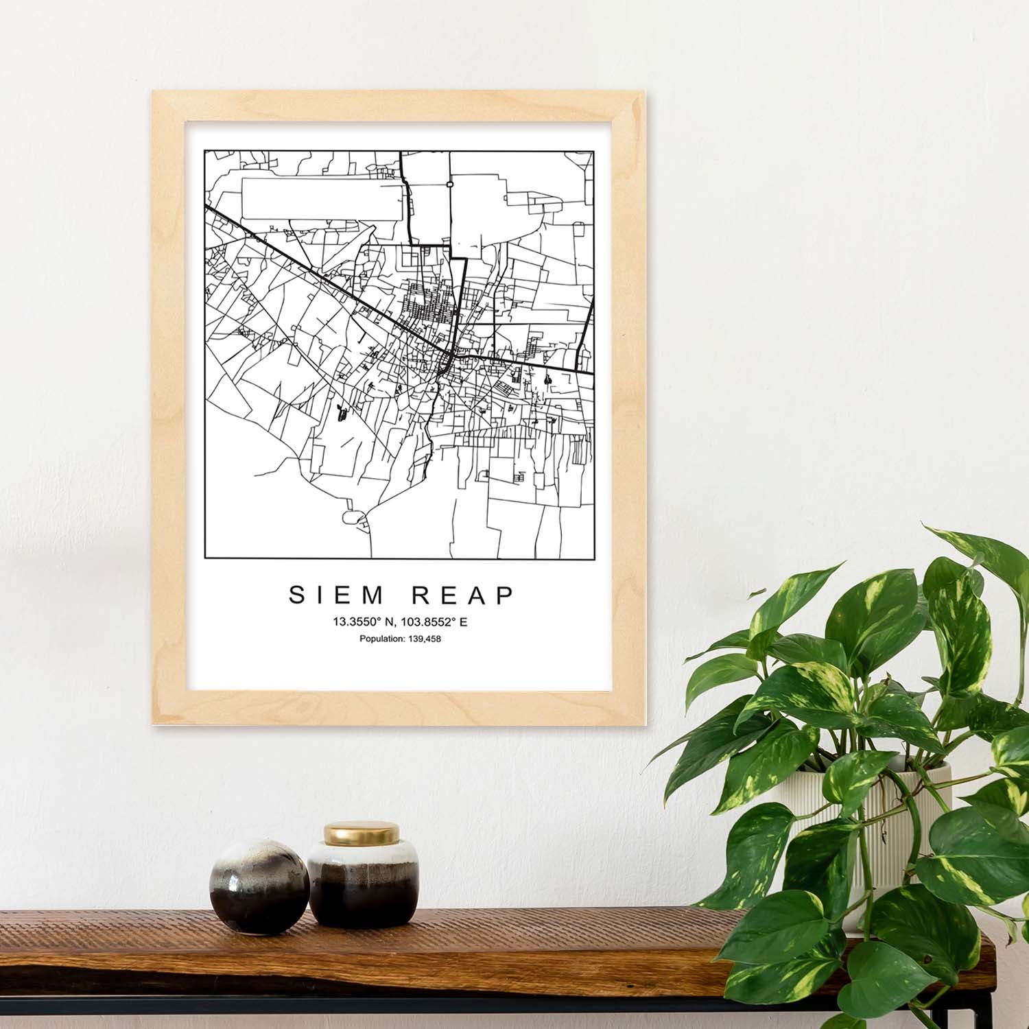 Lámina mapa de la ciudad siem reap estilo nordico en blanco y negro. sin marco - a4