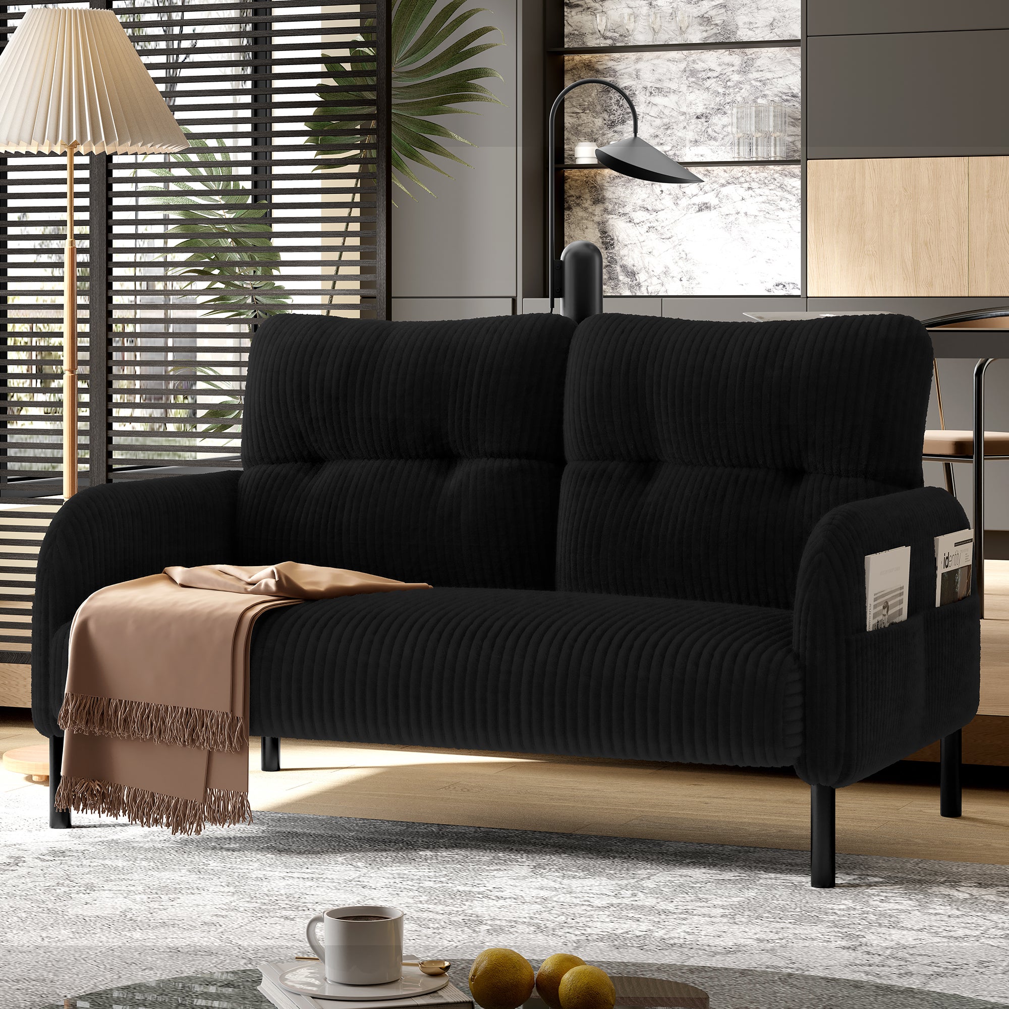 Sofa 2-osobowa z podłokietnikami i kieszeniami bocznymi - 120 x 75 x 79 cm - Sztruks i metalowe nogi - Czarny