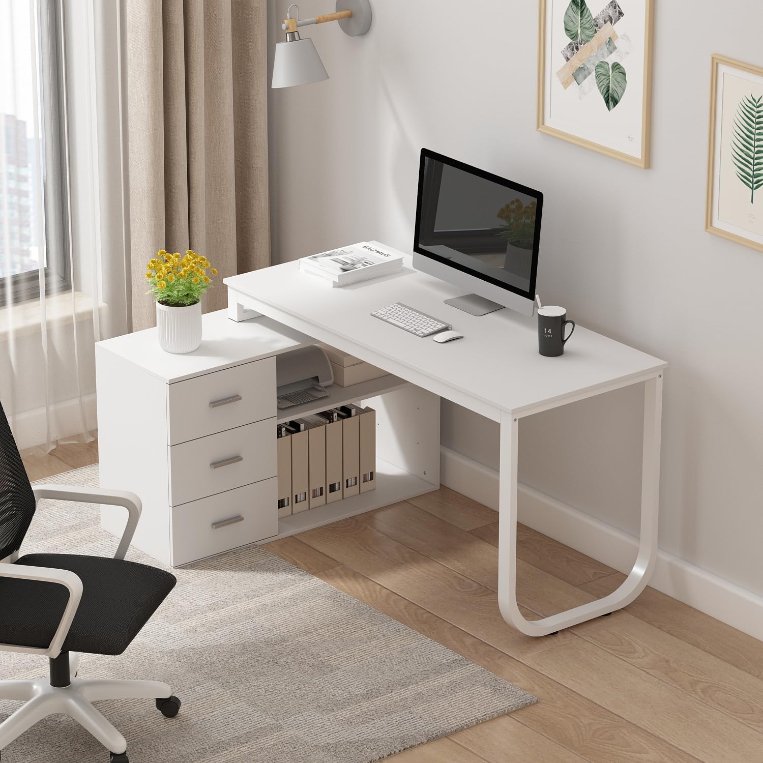 Bureau d'angle en Forme de L Bureau informatique 2 étagères pieds en acier Blanc 130x57x75cm - 2