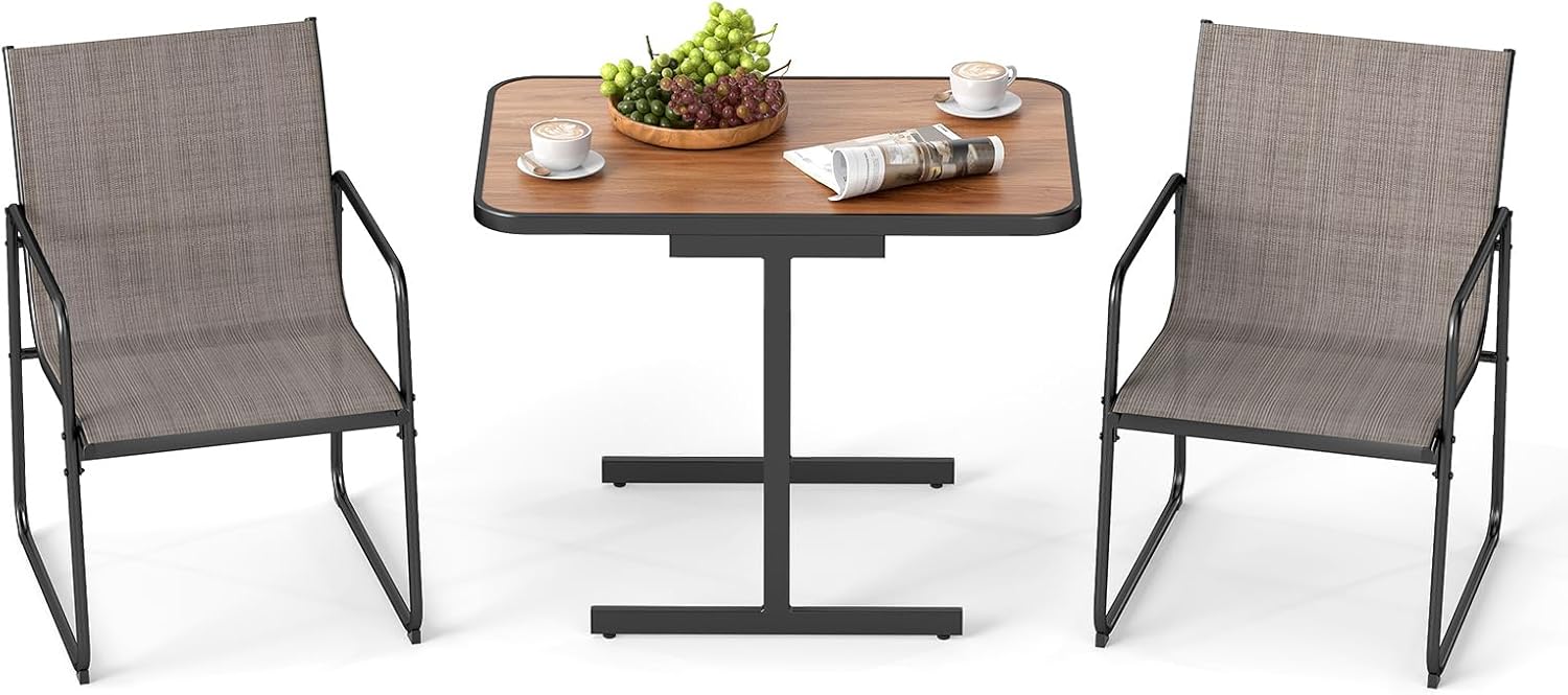 Ensemble Bistrot de Patio 3 piese, cu masă de mâncare rectangulară și 2 scaune din țesut, pentru curte, grădină, balcon, maron