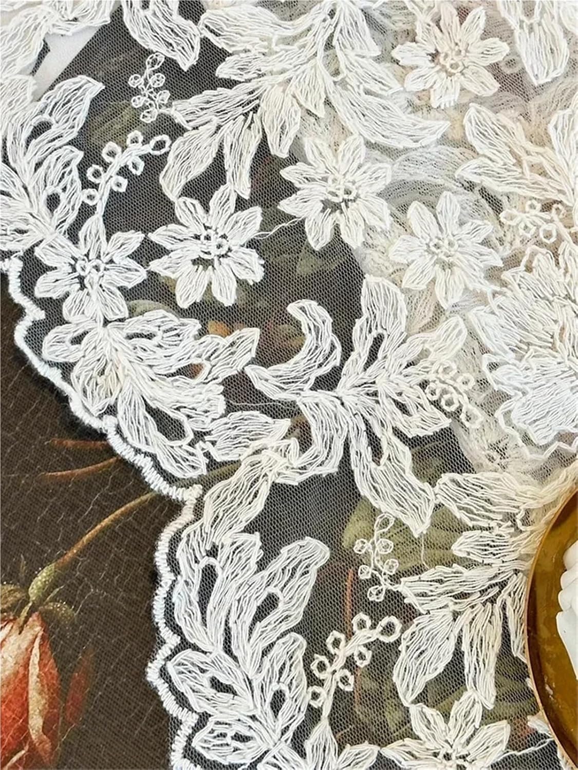 Rideau Dentelle Rideaux à Bords ondulés, Rideau de séparation en Dentelle Palace, Gaze brodée Vintage Beige - 5