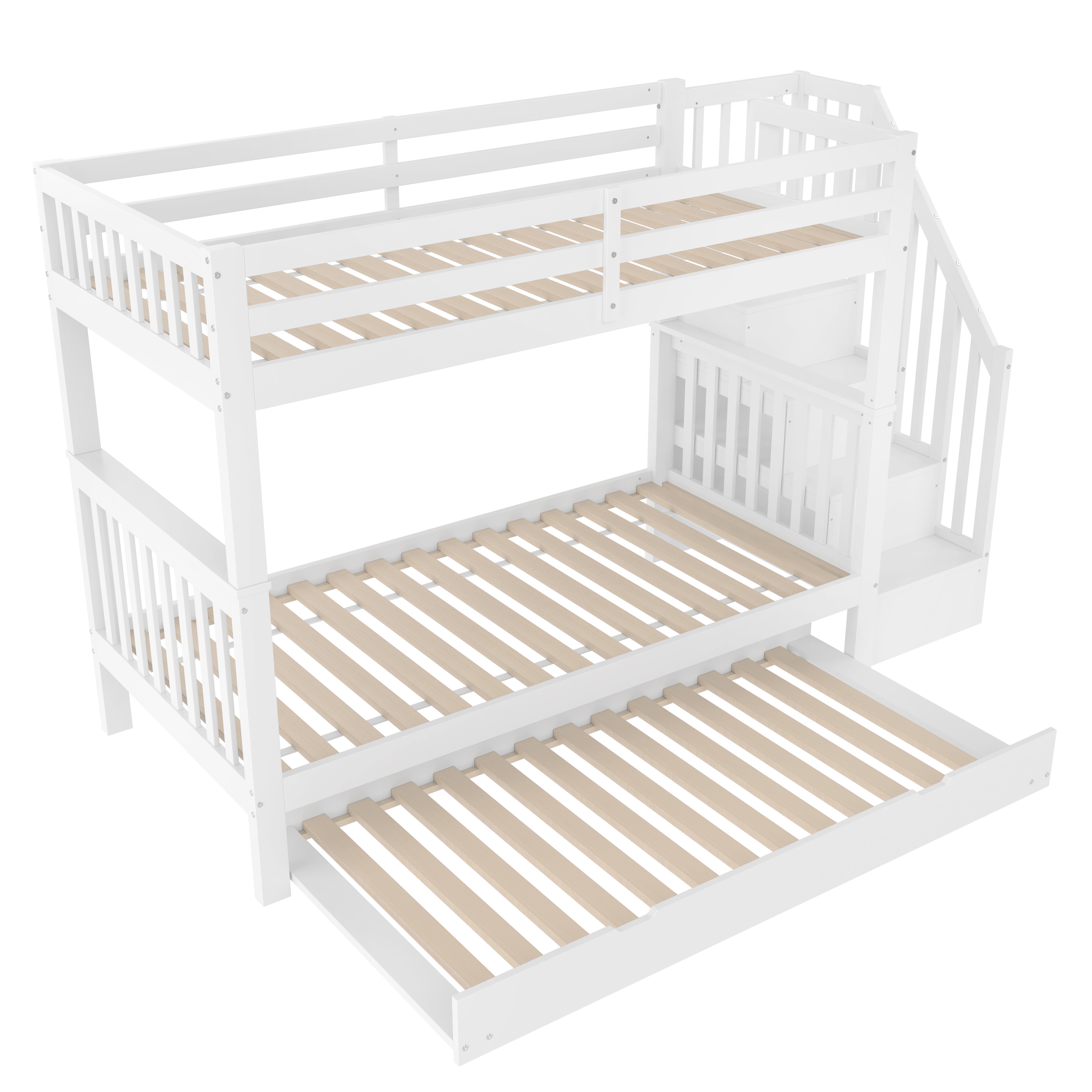 Lit superposé 90 x 200 cm avec étagère en escalier, équipé d'un lit à roulettes rétractables, barrières de sécurité hautes, blanc - 6