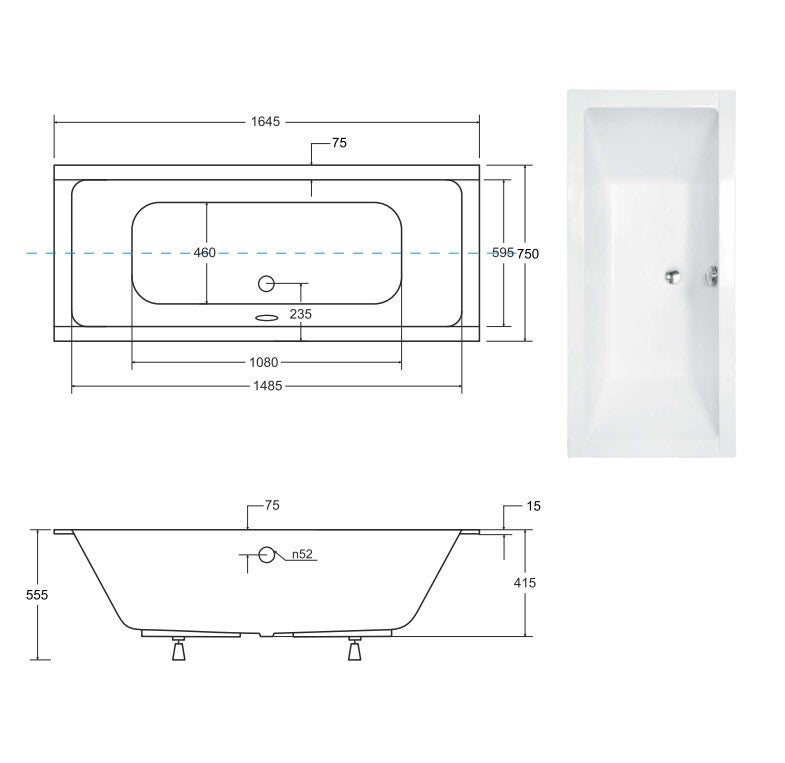 Baignoire rectangulaire à encastrer de 165 x 75 cm - BLANC - avec Repose Tête OFFERT - QUADRO SLIM - 4