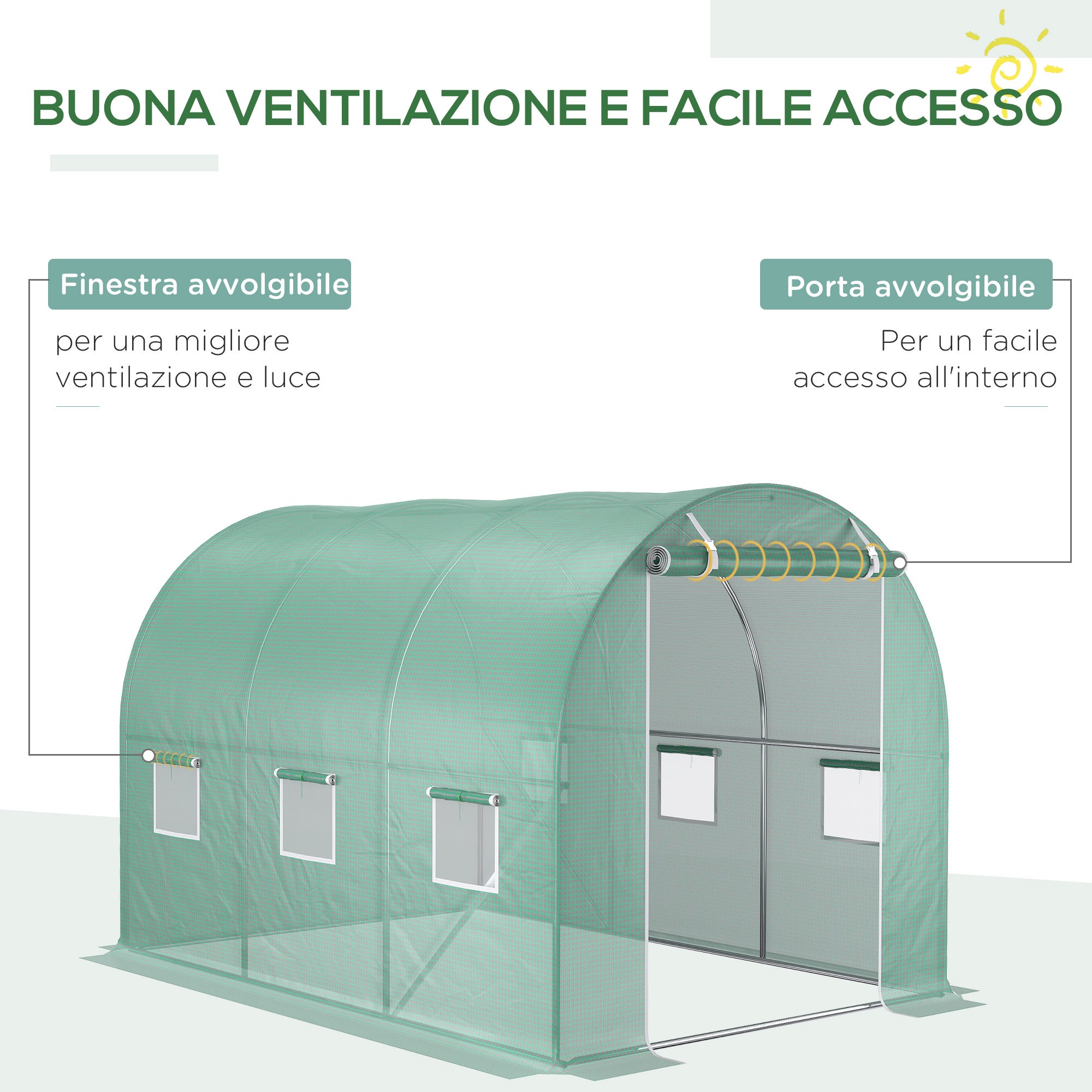 Bâche de serre PE avec 6 fenêtres, porte enroulable et bords enterrés, 3 x 2 x 2 m, verte - 4
