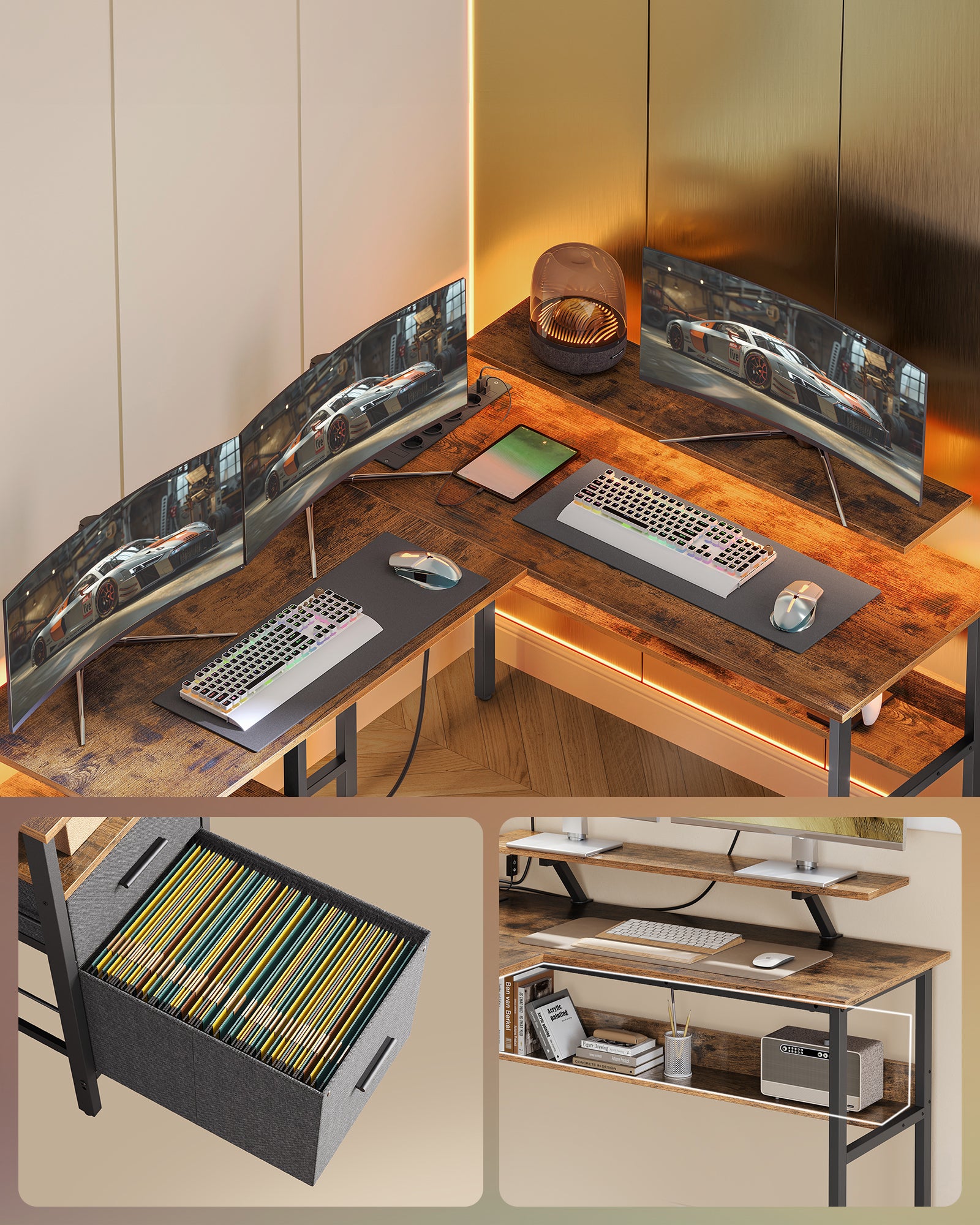 Bureau en L avec Multiprise, Bureau d'Angle, Bureau Informatique avec Rehausseur d’Écran, Bureau Gaming LED, 2 Tiroirs, 2 Ports USB, Marron Rustique - 7