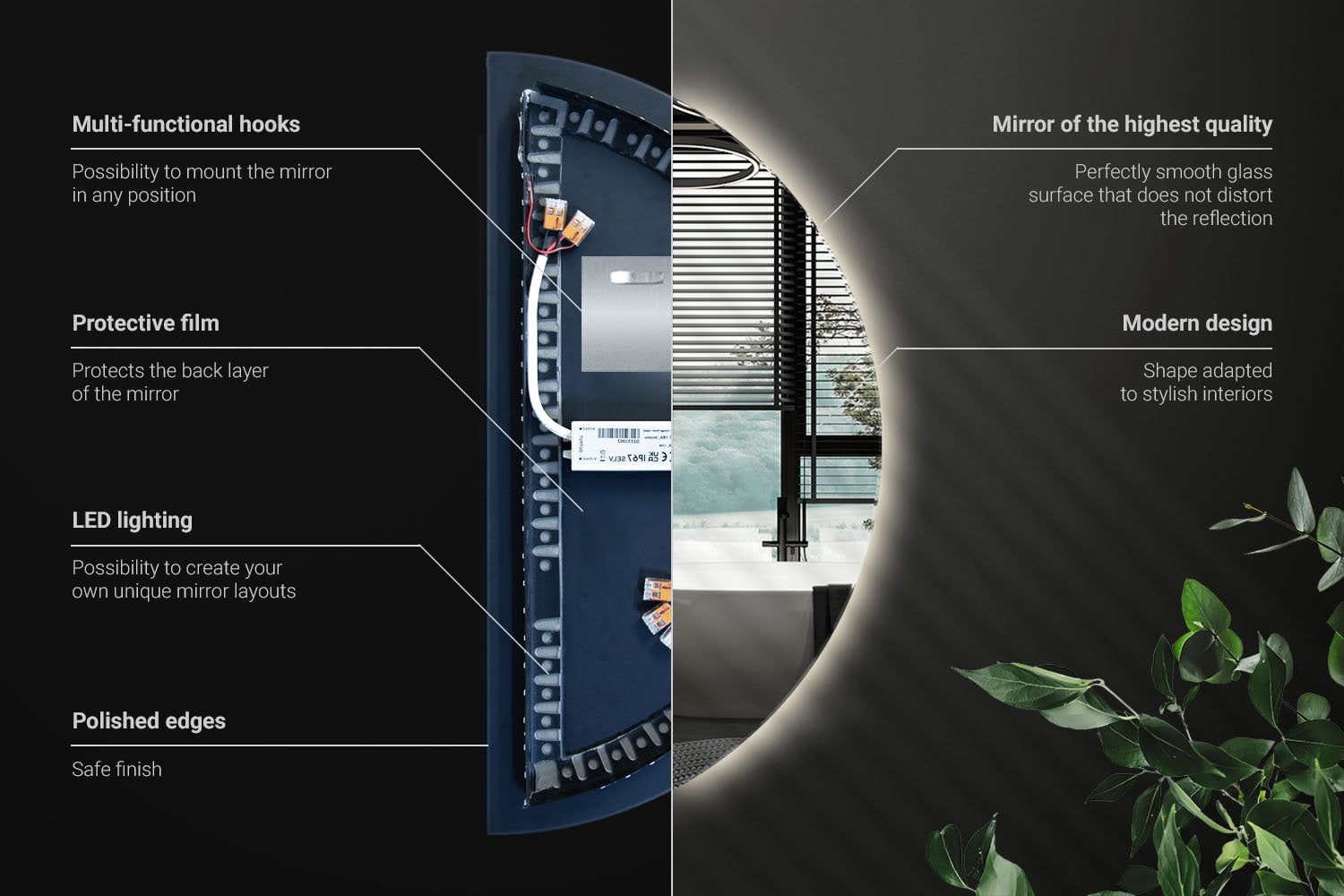 Specchio decorativo semicircolare LED con luce neutra, minimal 35x70 cm, ArtPrintCave - 3
