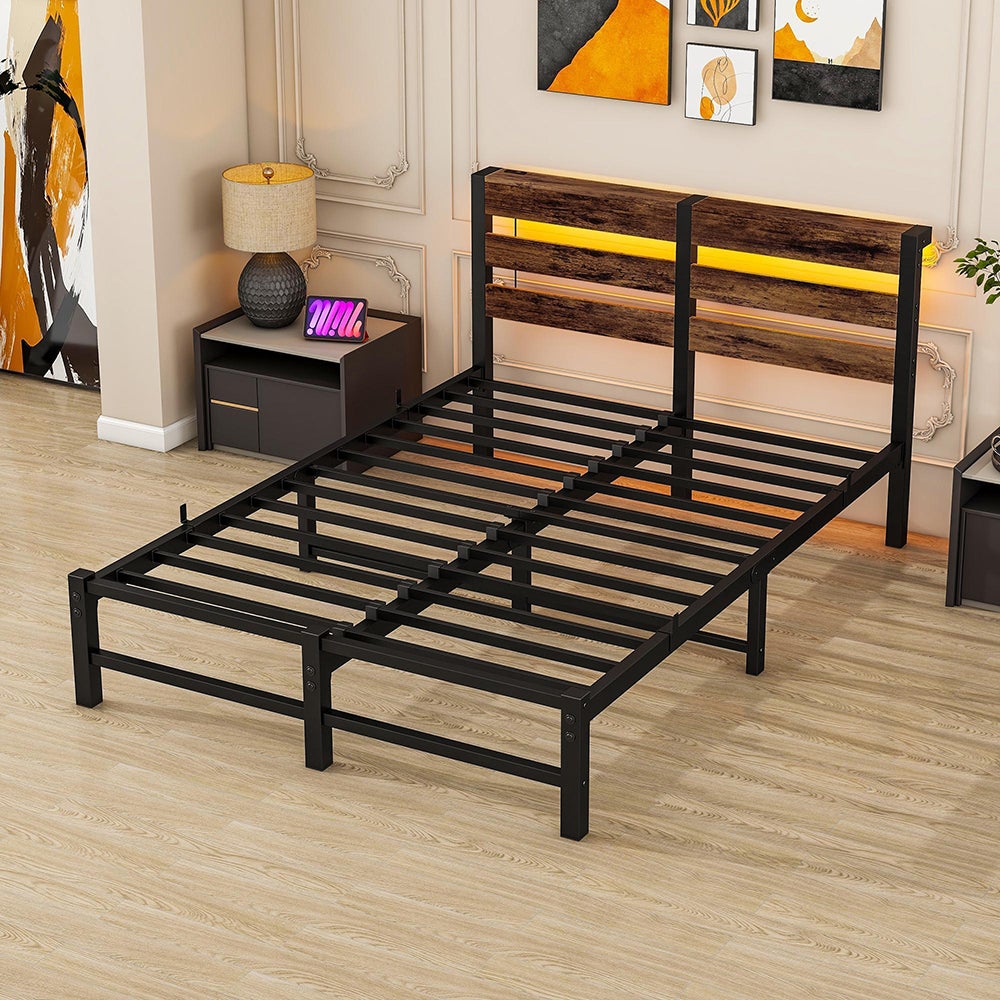 Łóżko dla dorosłych z oświetleniem LED i stacją ładującą USB, metalowa konstrukcja, materac nie wchodzi w skład zestawu, brązowe - 120 x 200 cm - 7