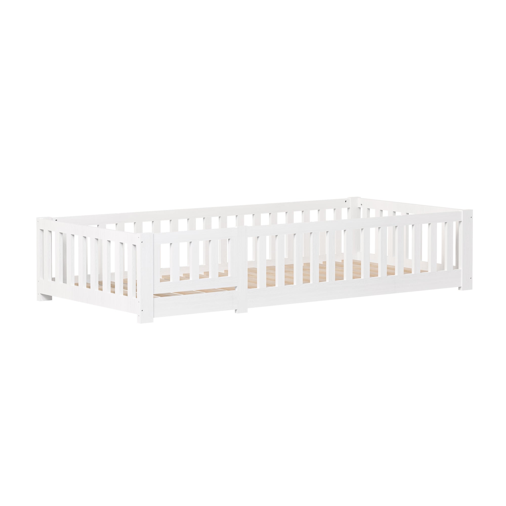 Lit enfant 90x200 cm, cadre en pin blanc, lit au sol, avec rambarde de sécurité, sommier à lattes, scandinave - 7
