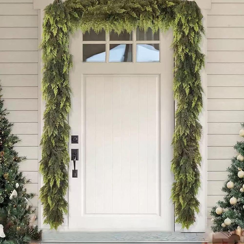 Ghirlanda natalizia artificiale con foglie di cipresso, realistica e dalla consistenza densa, ideale per decorare un tavolo pranzo camino (2,7 m) - 3