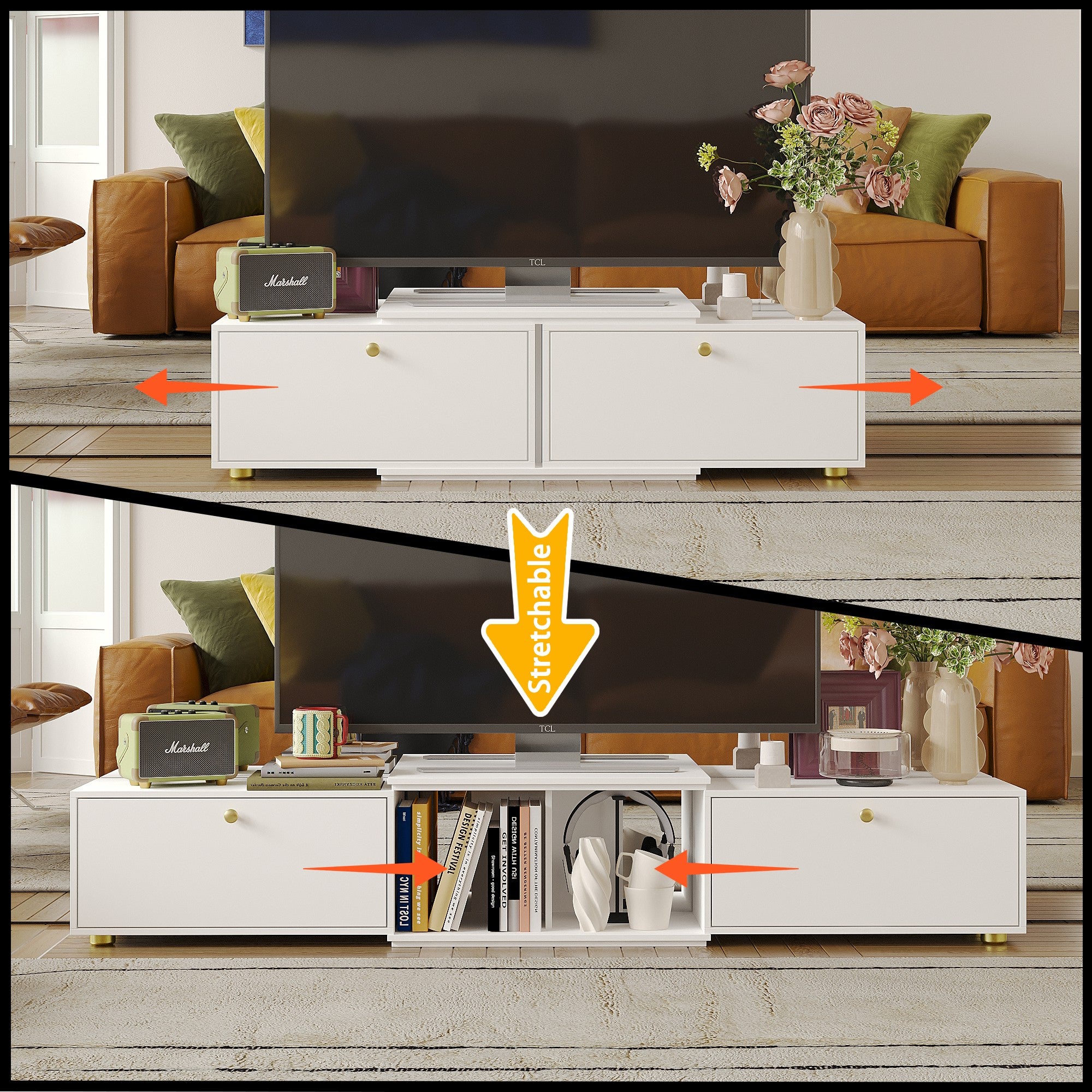 Meuble TV avec longueur réglable,support TV,Meuble bas,2 tiroirs,2 compartiments ouverts,120x30x31cm,Blanc - 4