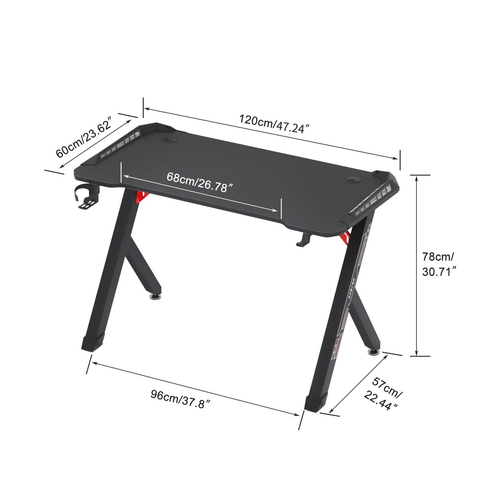 Bureau Gaming ‎120 x 60 x 78 cm Bureau Gamer Ergonomic avec Lumières Ambience en Forme de R Table Gaming avec support Casque et Porte-gobelet - 6
