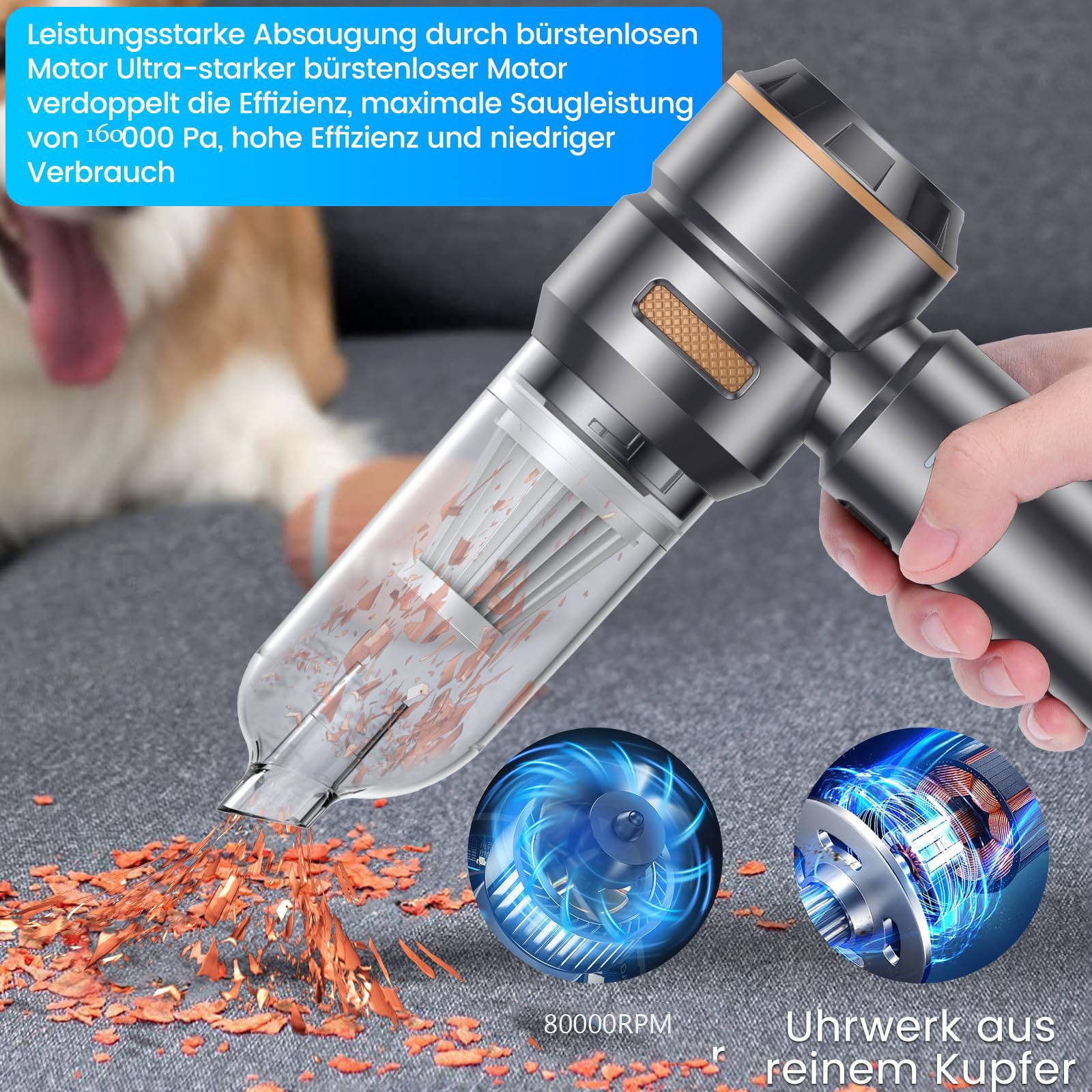 Aspirador de pó portátil, 16000Pa Mini aspirador de pó portátil sem fio de 100W,recarregável por USB,3 velocidades com vários bocais para carro e casa - 6