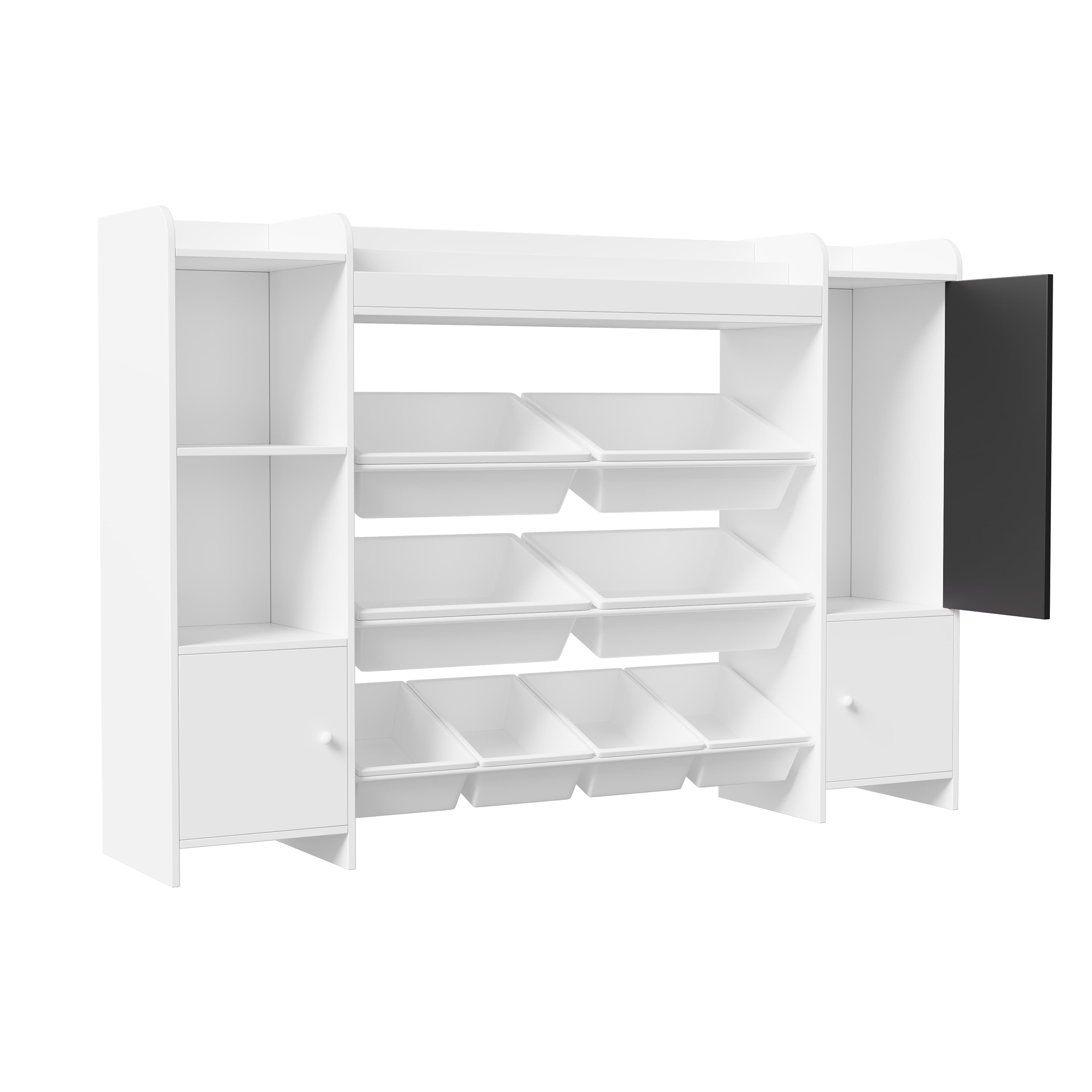 Étagère de rangement jouets enfants 4 niveaux : 100% bois massif (blanc), 8 bacs en plastique + 4 compartiments. - 8