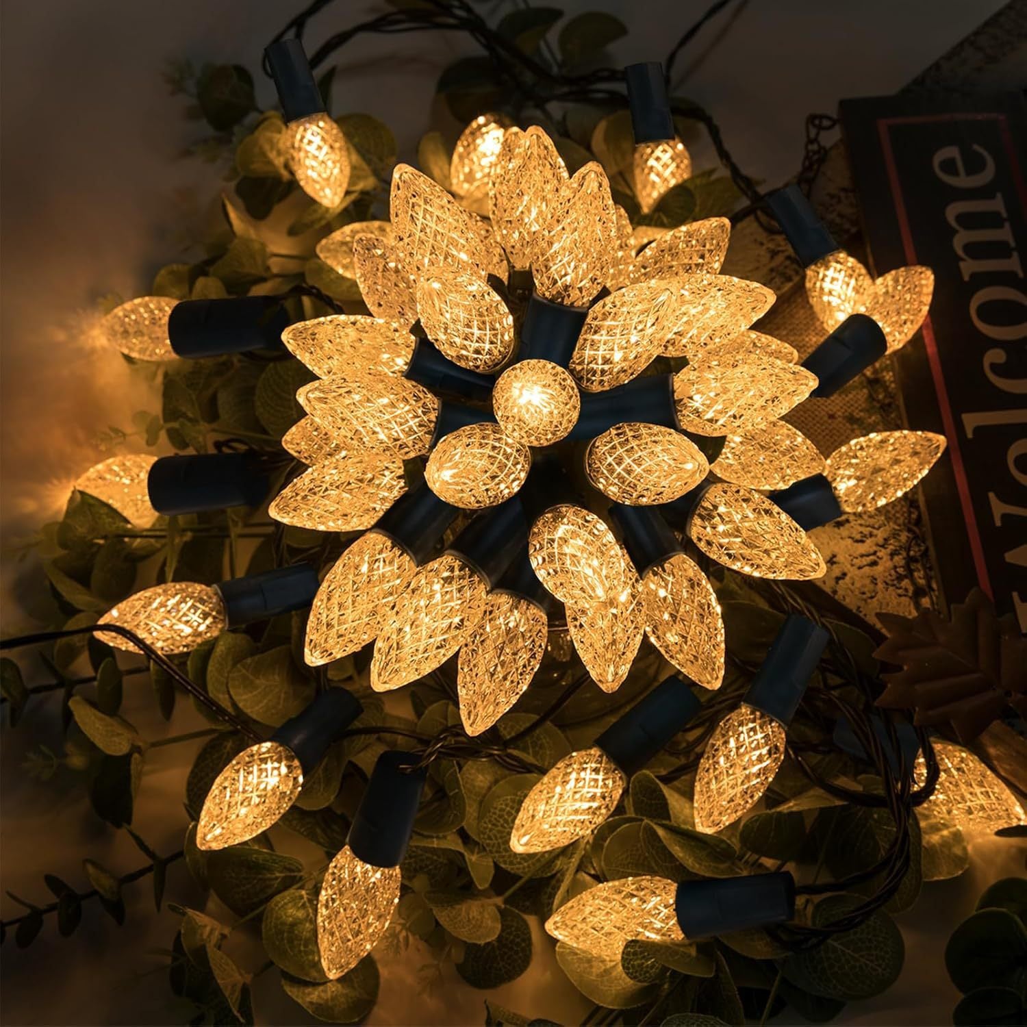 Cémonjardin – Guirlande lumineuse solaire 20 ampoules LED blanc chaud – Câble marron 5,68m – Éclairage statique ou clignotant – IP44 extérieur