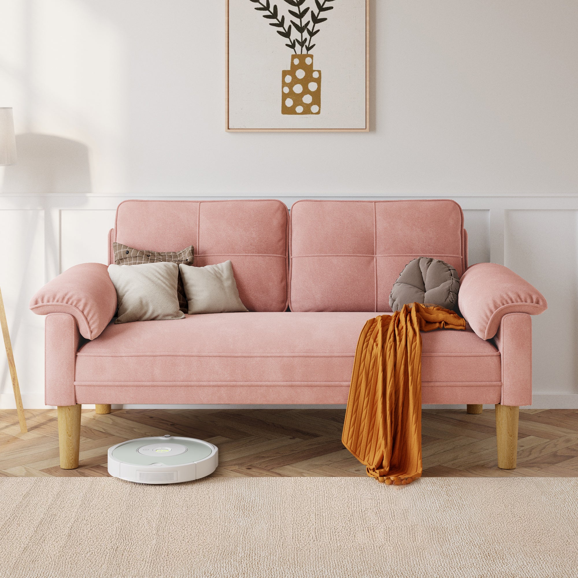 Canapé 2 places Rose en tissu,design scandinave,assise confortable,pieds en bois,pour salon et petit espace,145 x 77 x 77 cm - 2