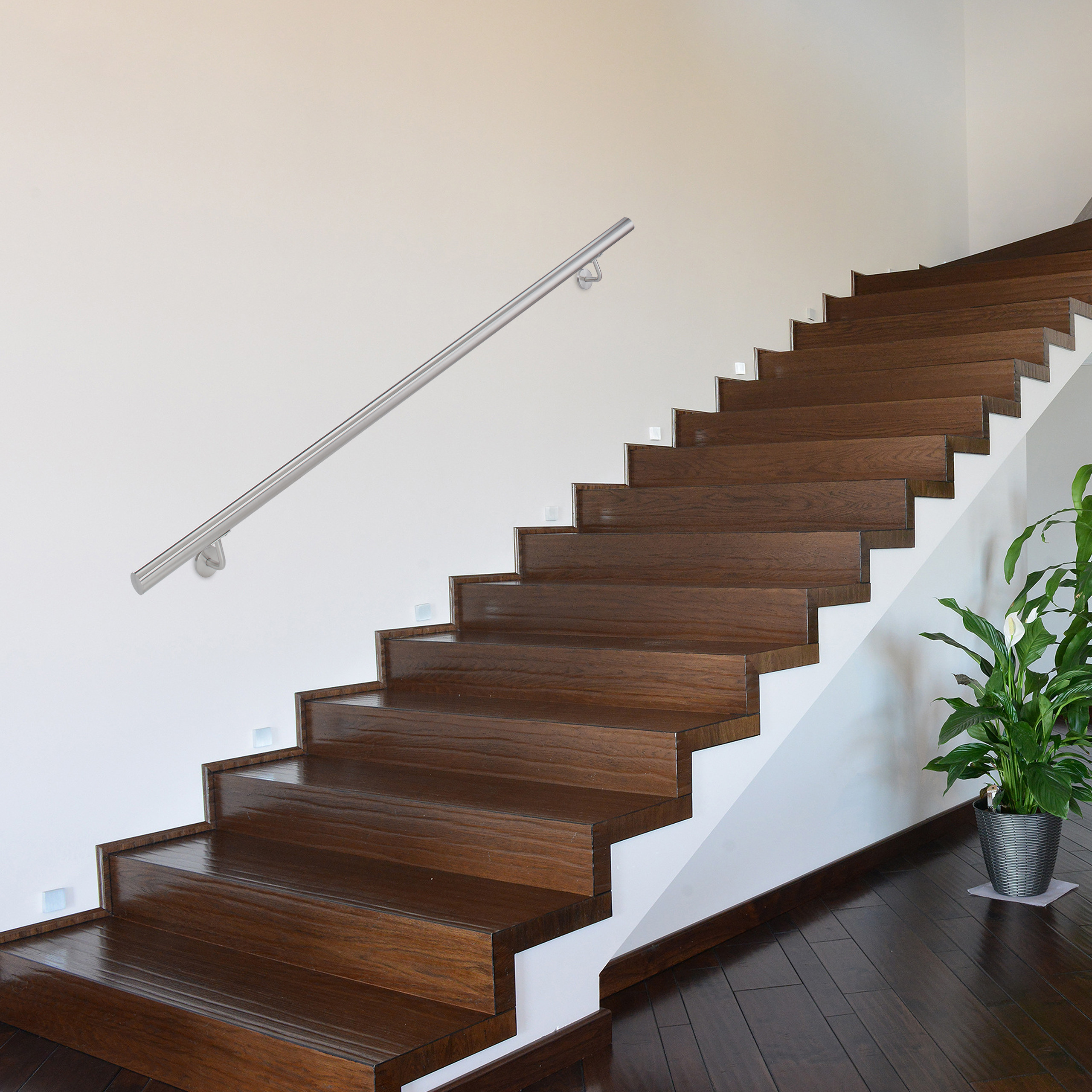 Main courante, inox 201, rampe d'escalier rond, intérieur & extérieur, 150 cm, Ø38 mm, support mural, argenté, Relaxdays - 2