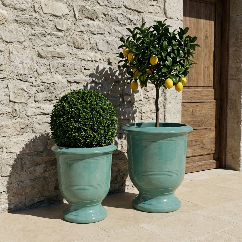 Pot grande taille d'extérieur RICHELIEU 35x42cm jade, fait main en terre cuite émaillée, résistant au gel - 9