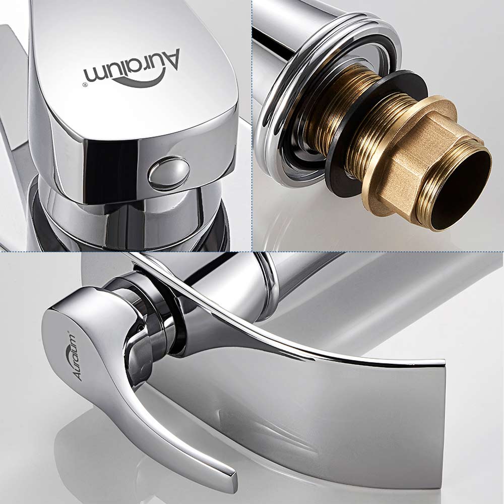 AuraLum Max 2pcs Mitigeur Lavabo Cascade Robinet Monocommand pour Lavabo et Vasque,Haute Bec pour Vasque à Poser -en Laiton,Chromé,EU Modèle - 6