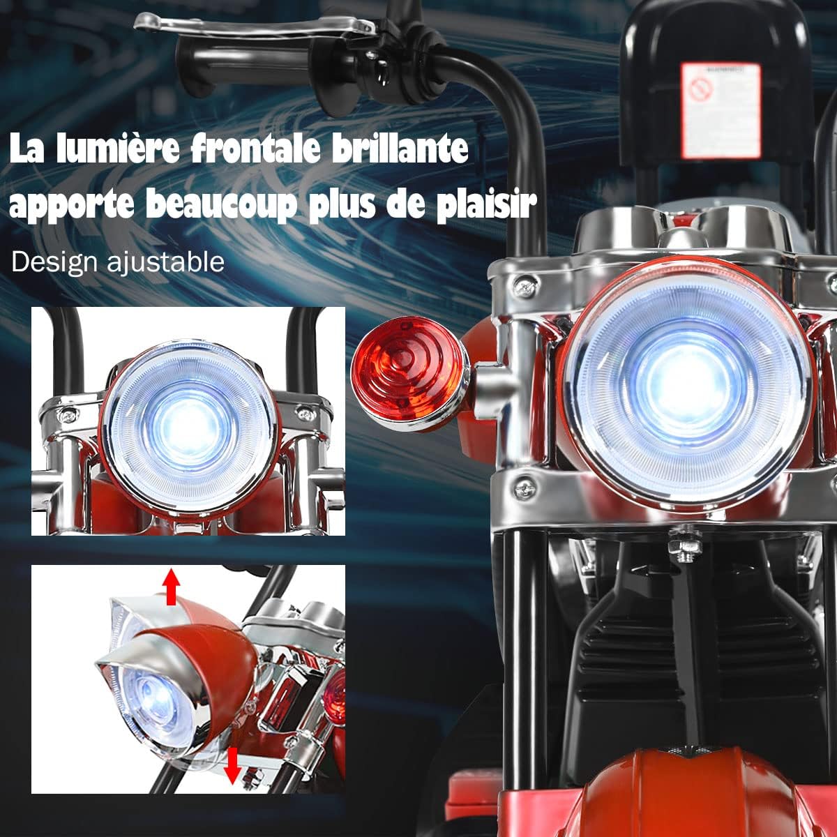 Motocykl elektryczny dla dzieci 6 V z regulowanym reflektorem, trójkołowy motocykl elektryczny z dźwiękiem, klakson, lusterko wsteczne (czerwony) - 4