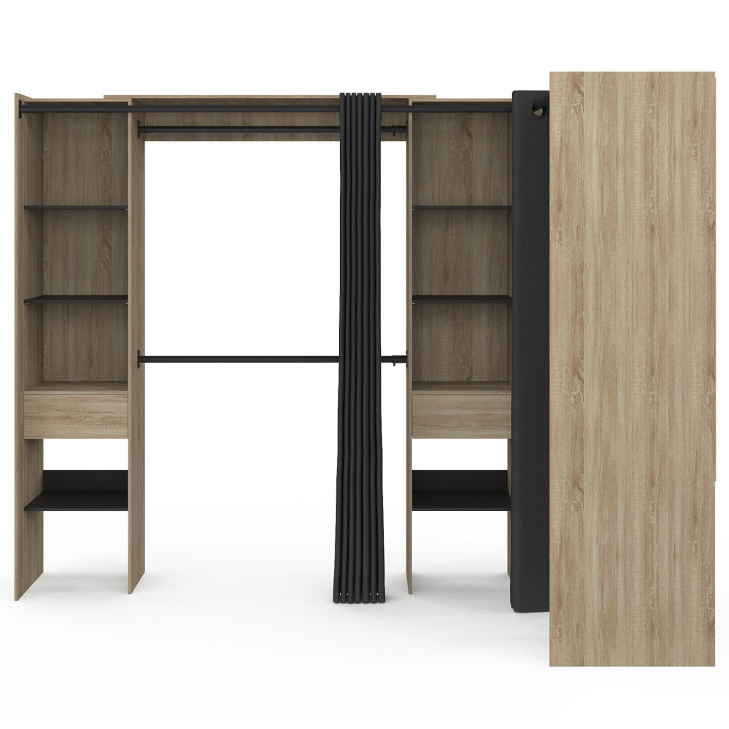 Dressing extensible d'angle MARLON 230 x 140 x 180 cm hêtre avec penderies + étagères + rideaux noirs - 3