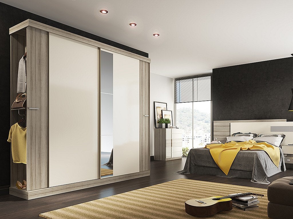 Armadio 2 ante scorrevoli con specchio L.231 cm Quercia e Avorio - ADALRIK - 6