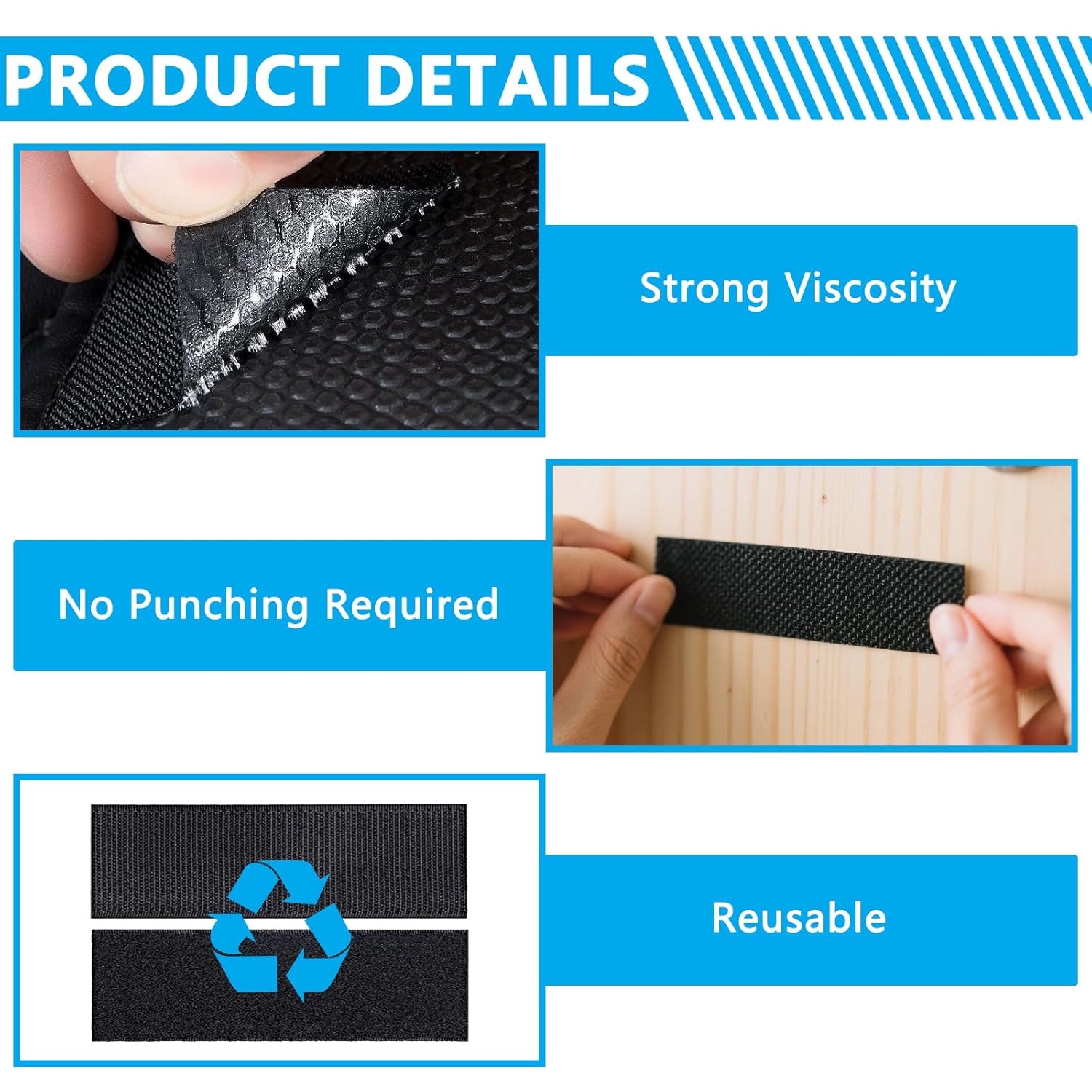 15 Paires Scratch Autocollant Double Face, 3x10 cm Réutilisable Attaches Hook and Loop Autocollantes Bande Scratch Agrippantes Adhésives Bande - 3