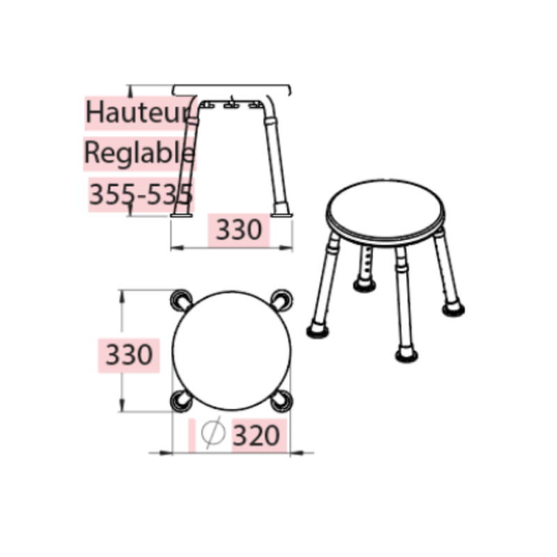 Tabouret de douche PMR PELLET Essentiel rond hauteur réglable - 3