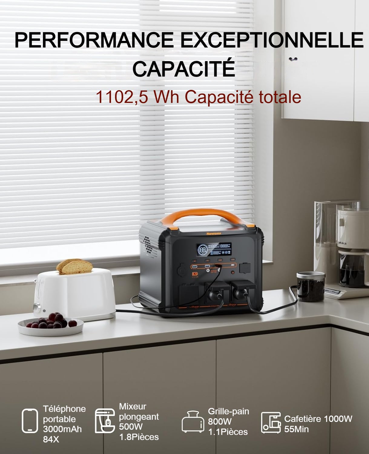 Centrale électrique portable 1102,5 Wh Newsmy S1210 2000 W/3000 W crête, prise onde sinusoïdale pure, charge rapide 1 h, sortie PD100 W, ABS ignifuge - 2