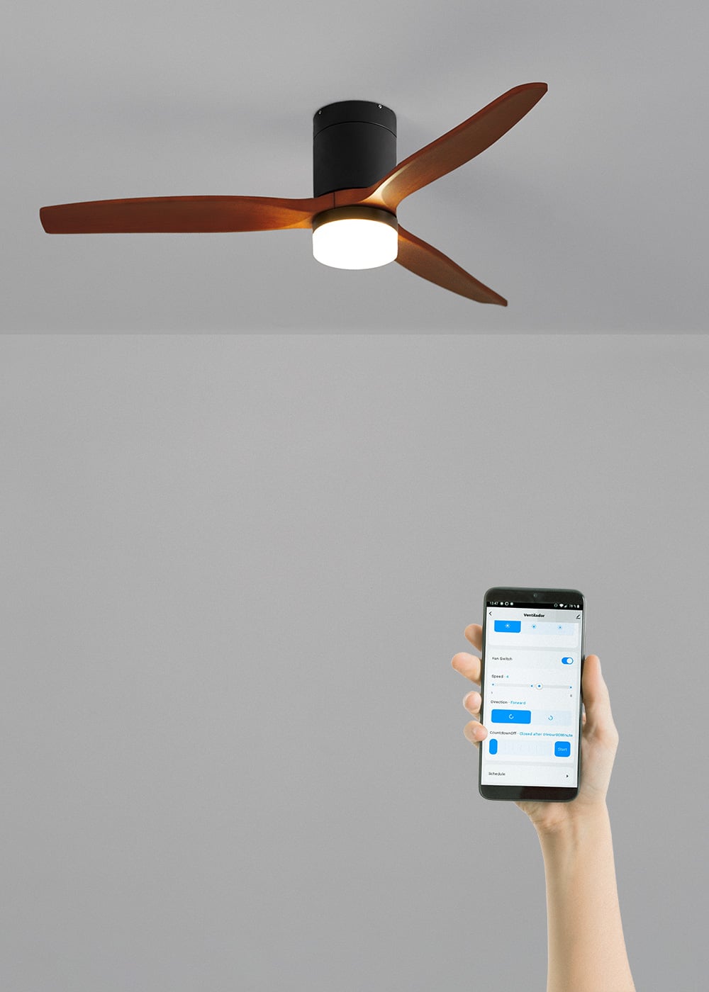 CREATE- WIND CALM M - Ventilador de teto silencioso de 40 W com pás técnicas em ABS Ø132cm - Com luz - com wifi - 4