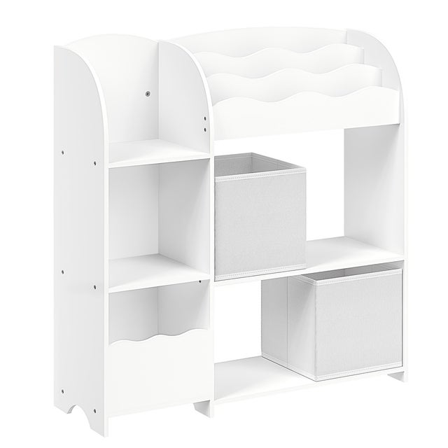 Estantería y librería infantil, organiza juguetes y libros, segura, con 2 cajas de almacenamiento versátil para dormitorio y sala de juegos, blanco