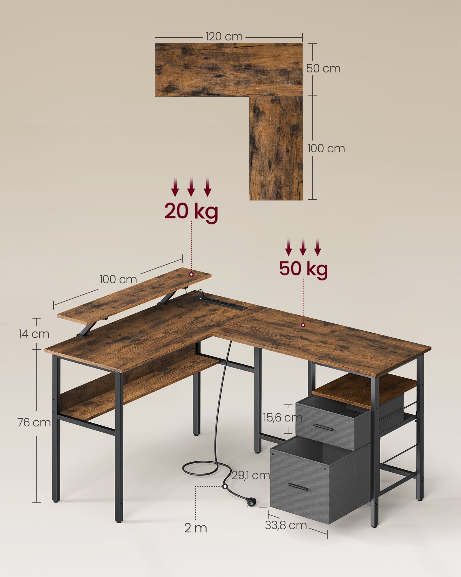 Bureau en L avec Multiprise, Bureau d'Angle, Bureau Informatique avec Rehausseur d’Écran, Bureau Gaming LED, 2 Tiroirs, 2 Ports USB, Marron Rustique - 5