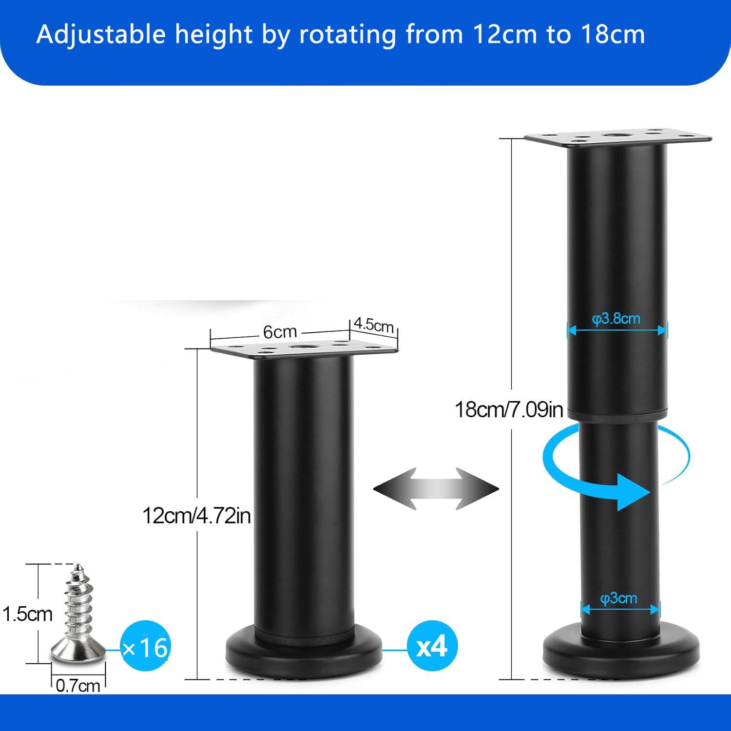 Conjunto de 4 pernas de móveis, pernas de móveis ajustáveis, pernas de suporte de móveis de 12-18 cm, adequadas para sofás, camas, armários - 2