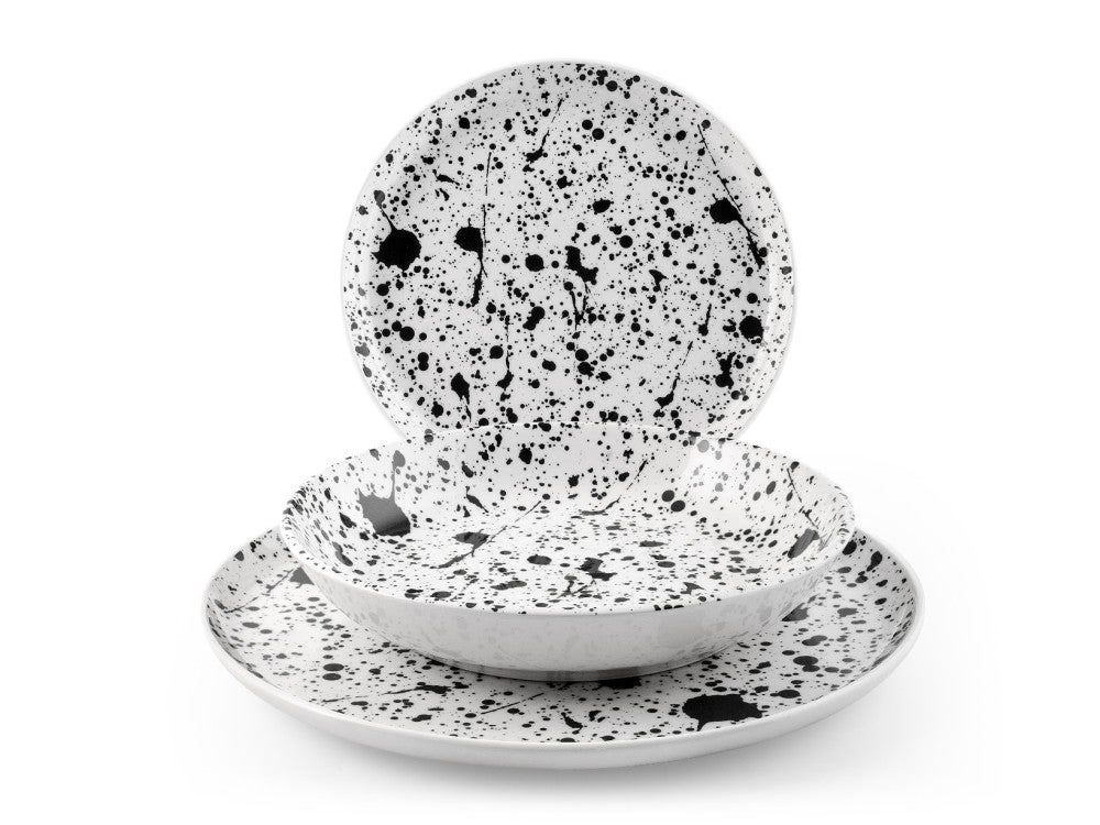 Juego de vajilla nã³rdica drip de 18 piezas de h&h en gres blanco y negro